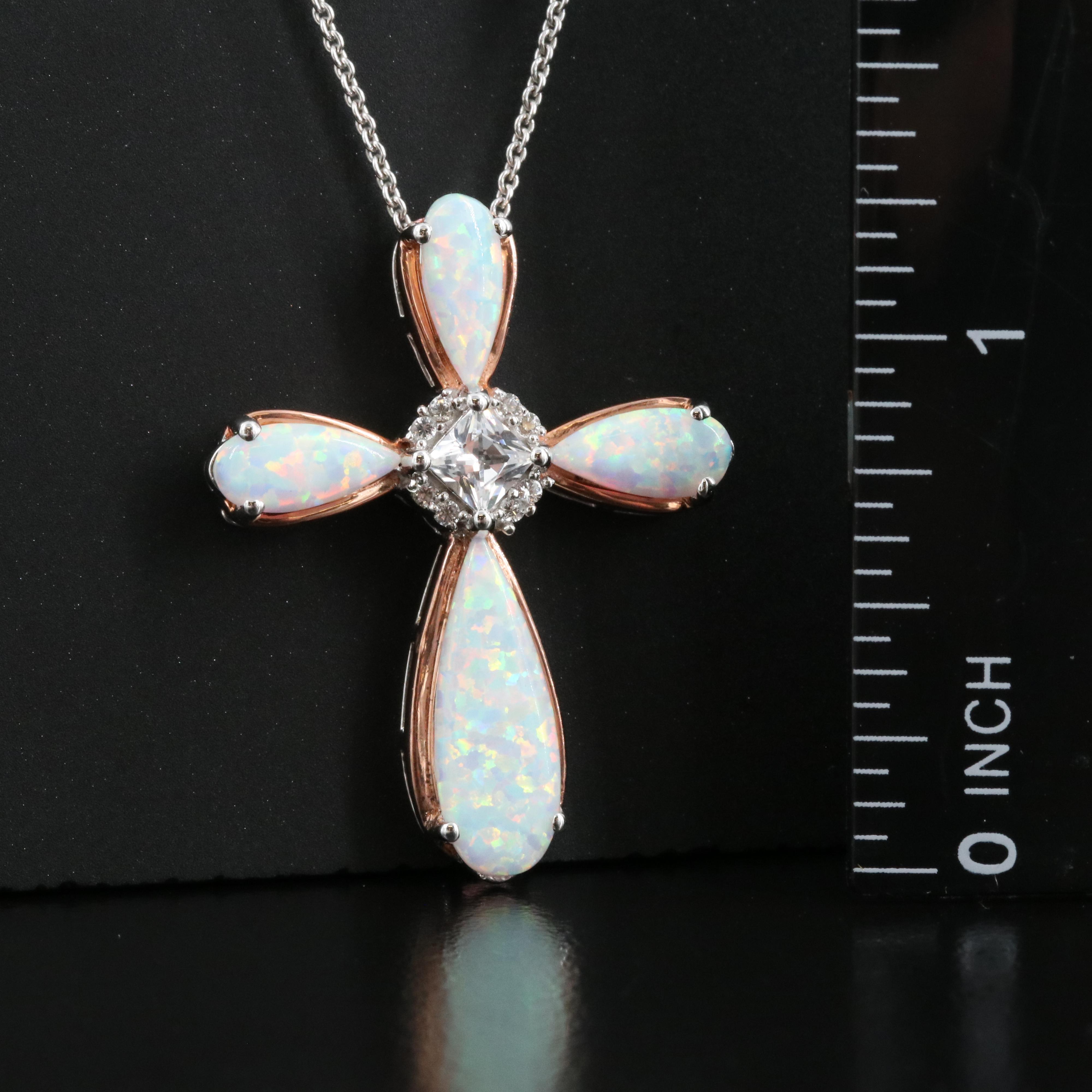 Sterling Opal and Sapphire Cross Pendant Necklace