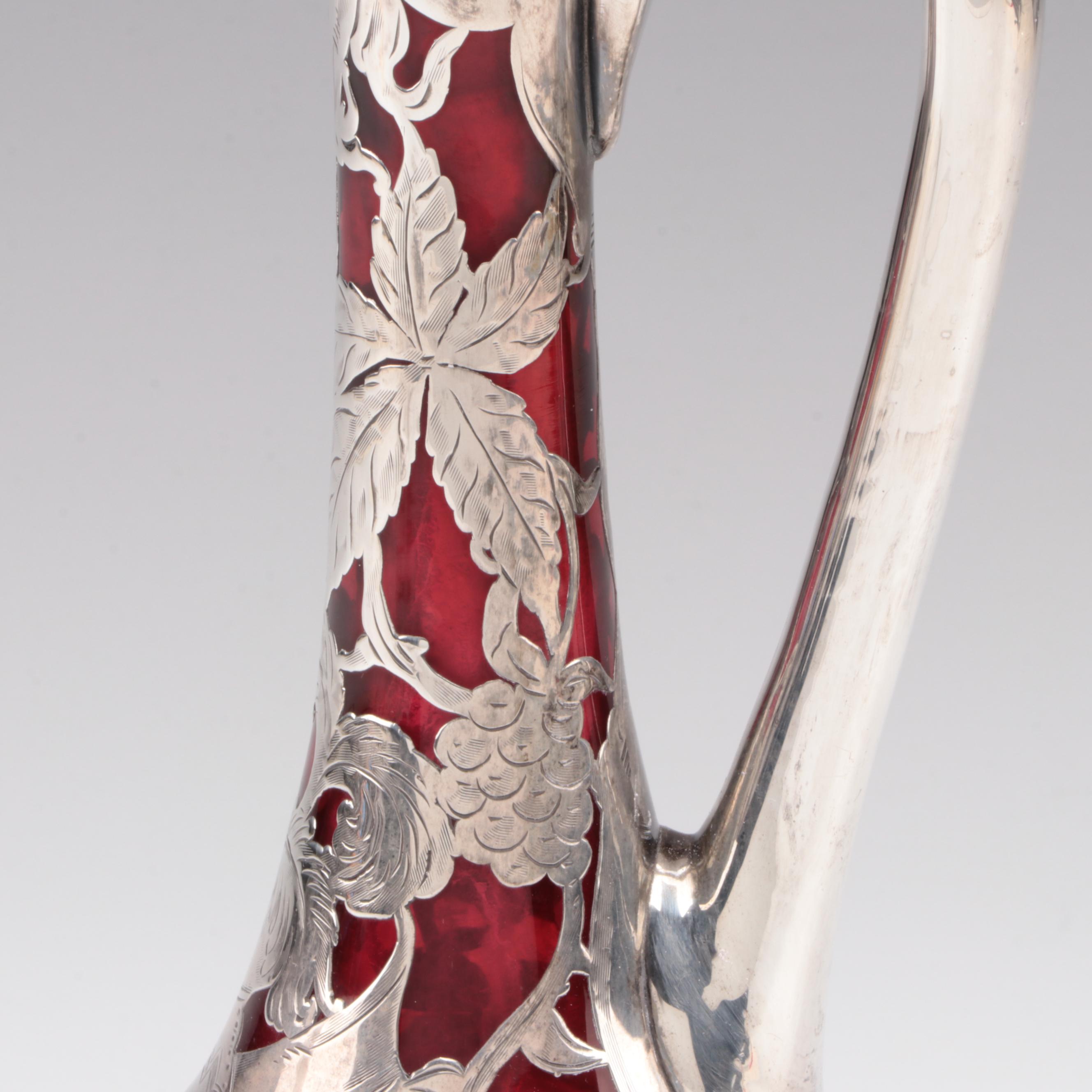 Art Nouveau Sterling Silver Overlay and Cranberry Glass Decanter, Early 20th C.