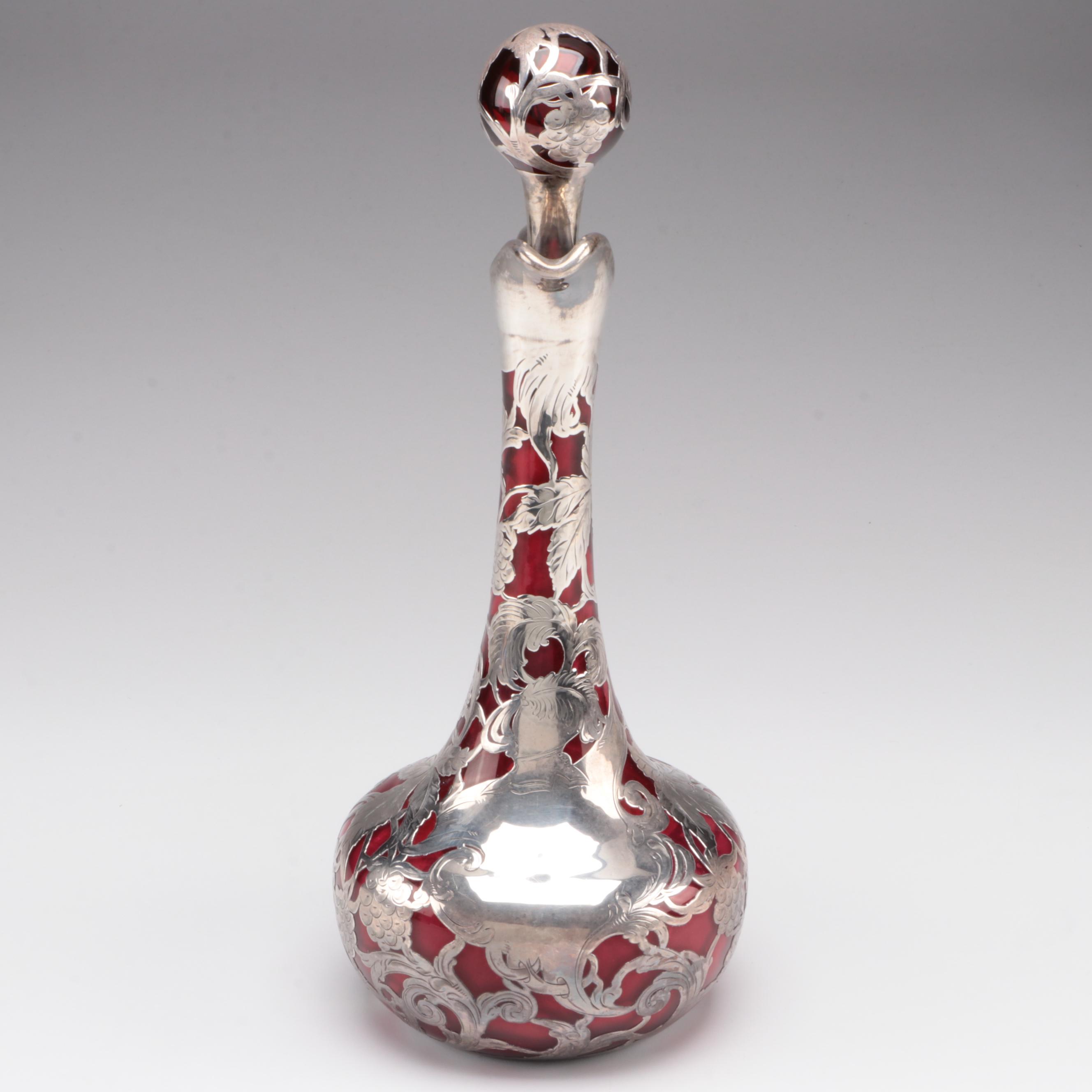 Art Nouveau Sterling Silver Overlay and Cranberry Glass Decanter, Early 20th C.