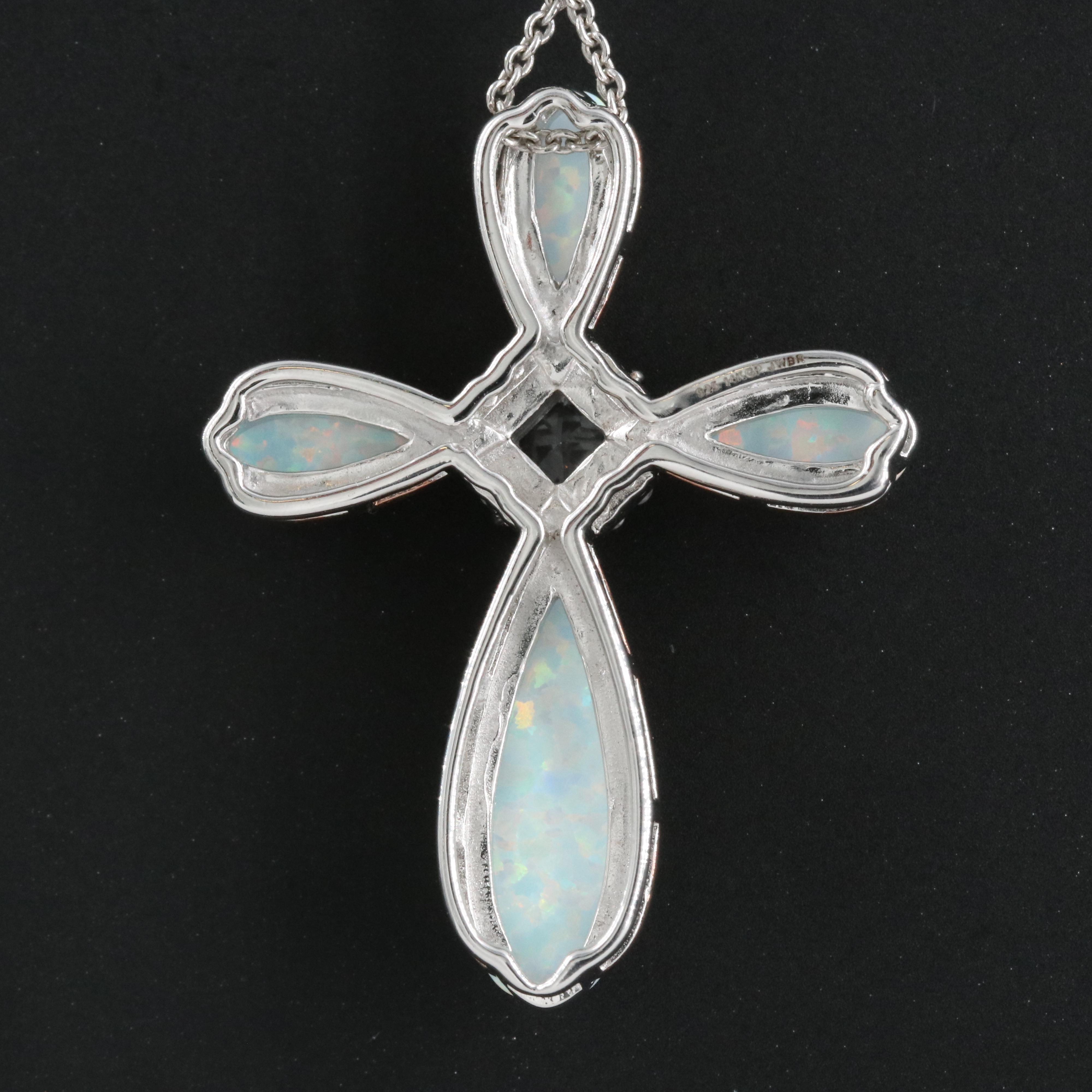 Sterling Opal and Sapphire Cross Pendant Necklace