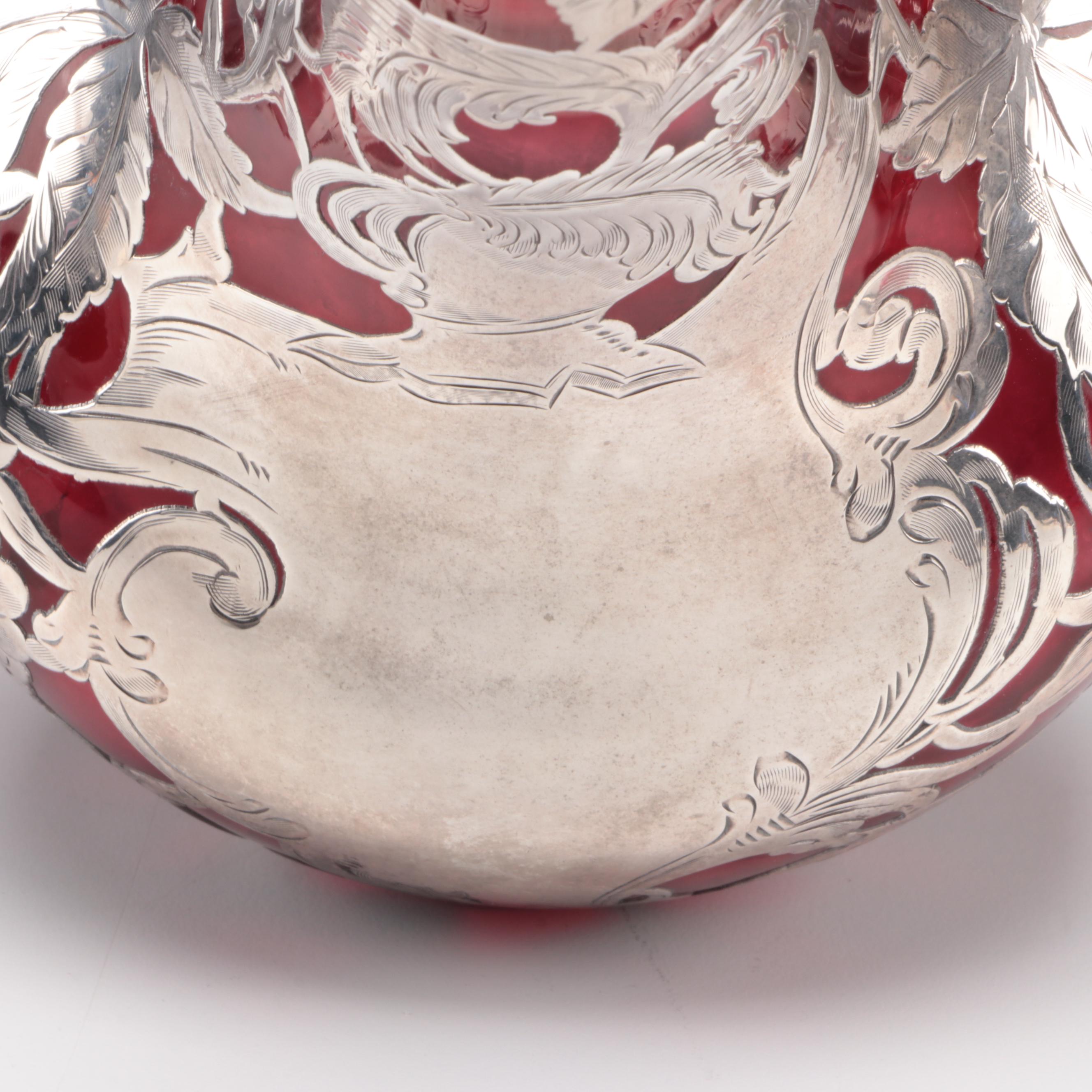 Art Nouveau Sterling Silver Overlay and Cranberry Glass Decanter, Early 20th C.