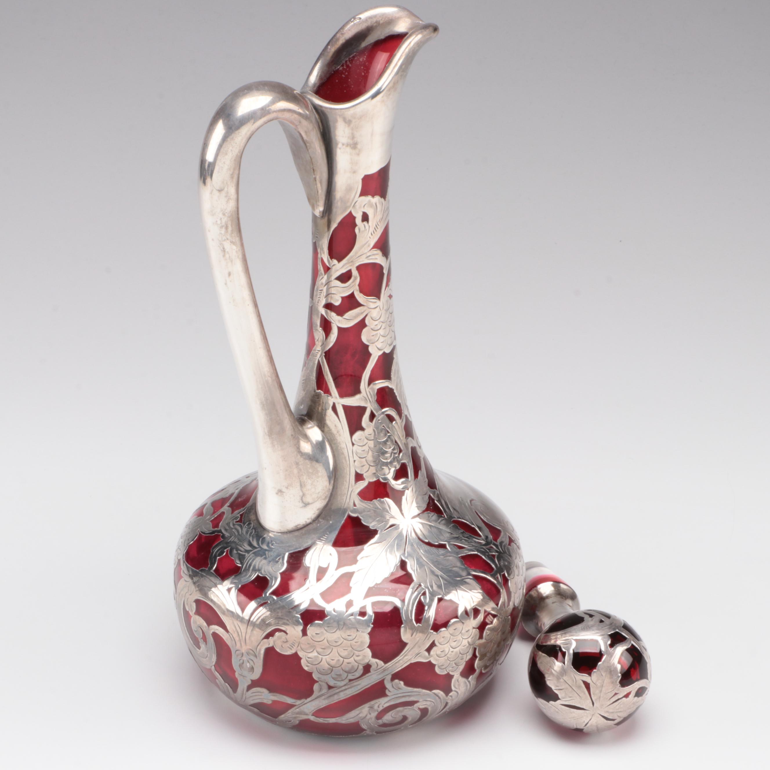 Art Nouveau Sterling Silver Overlay and Cranberry Glass Decanter, Early 20th C.