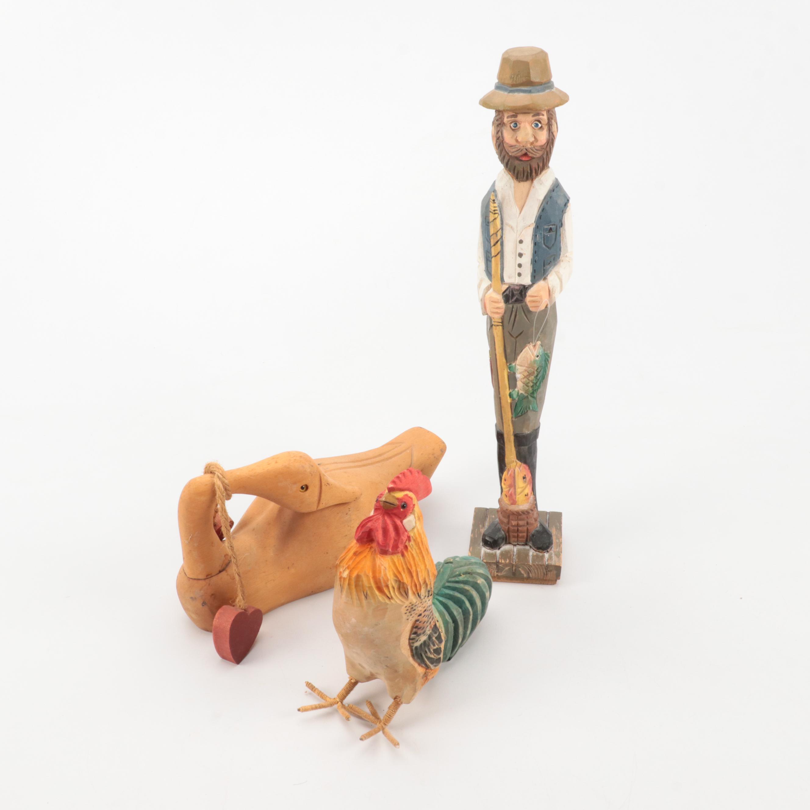 Hand-Carved Maracas With Fisherman Figure, Rooster and Goose