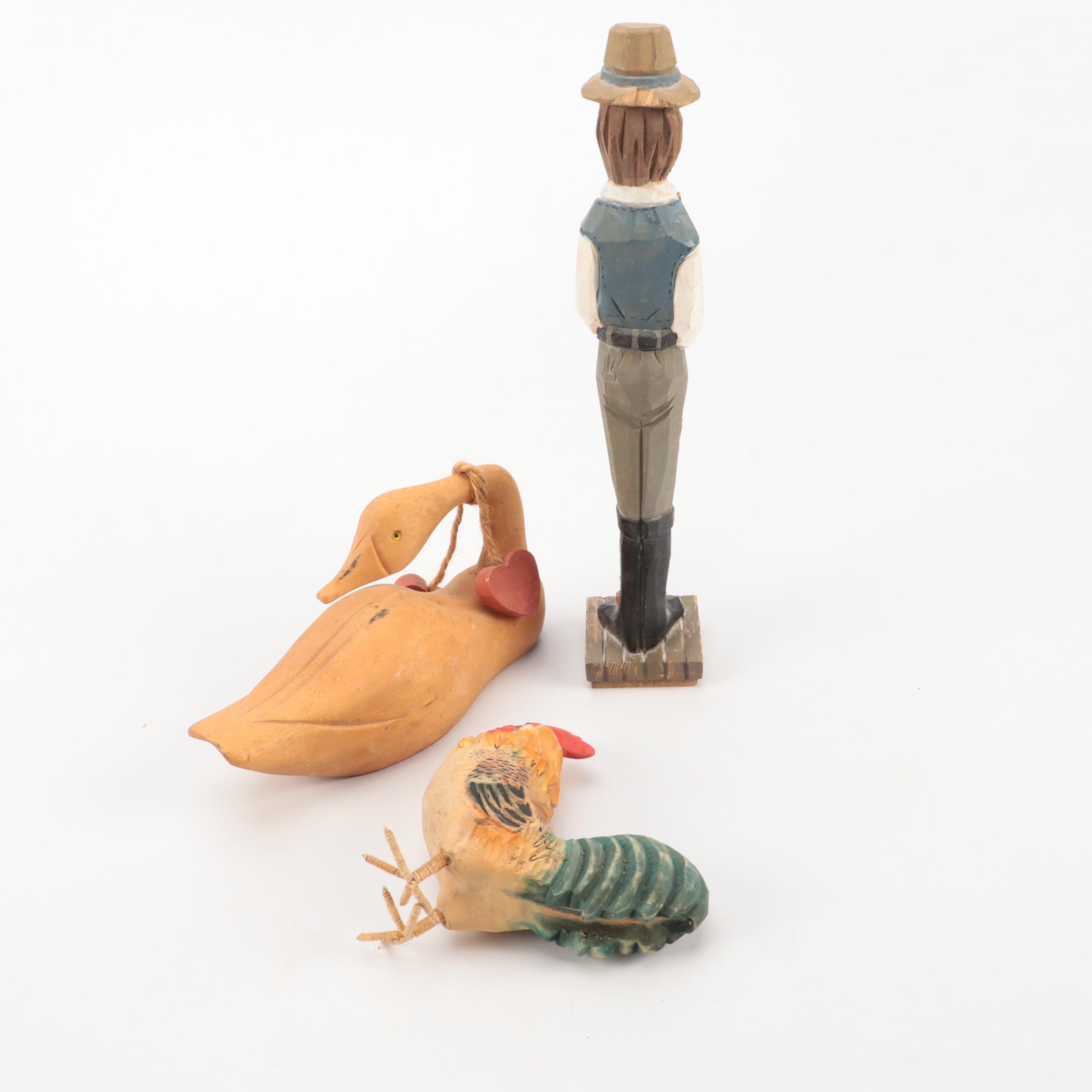 Hand-Carved Maracas With Fisherman Figure, Rooster and Goose