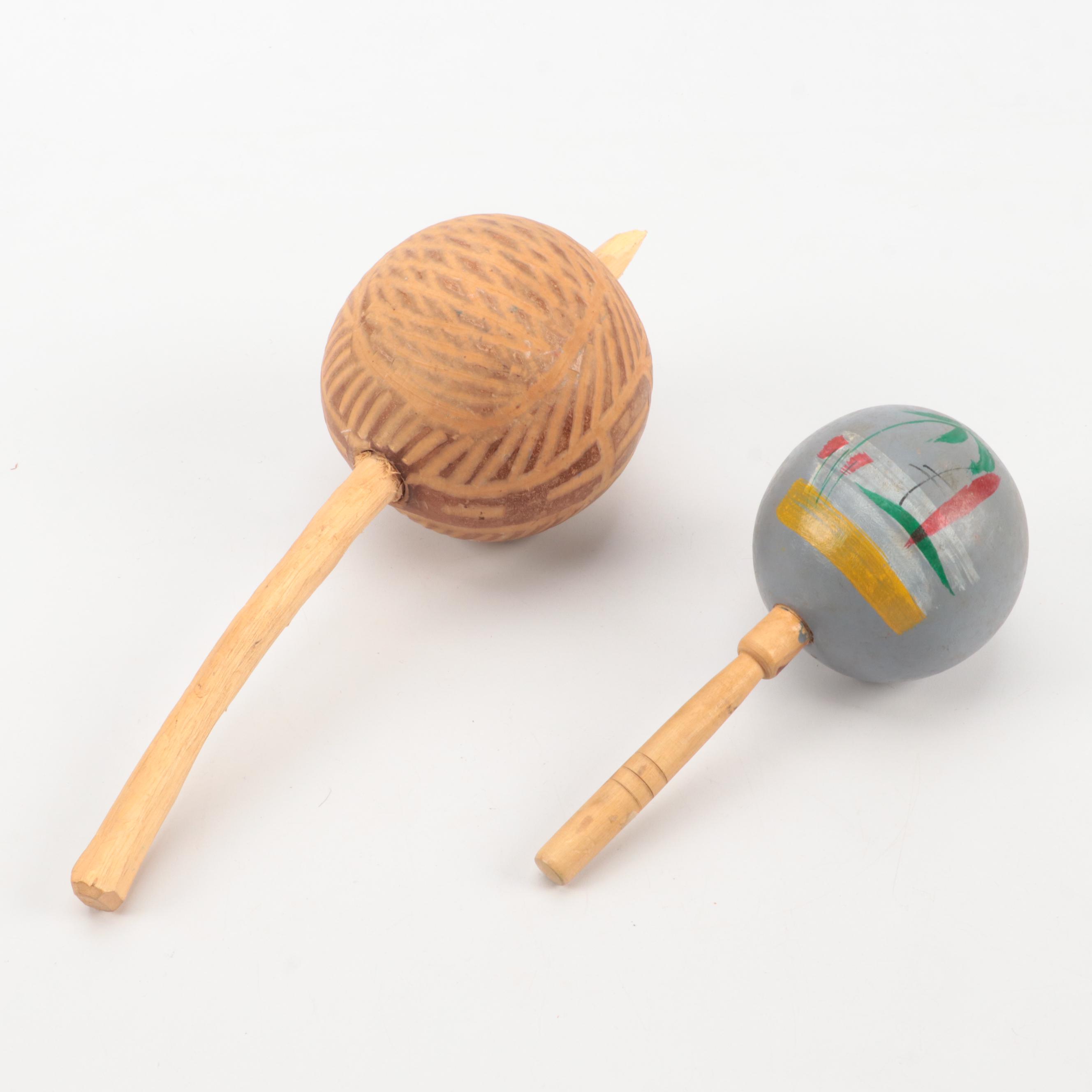 Hand-Carved Maracas With Fisherman Figure, Rooster and Goose