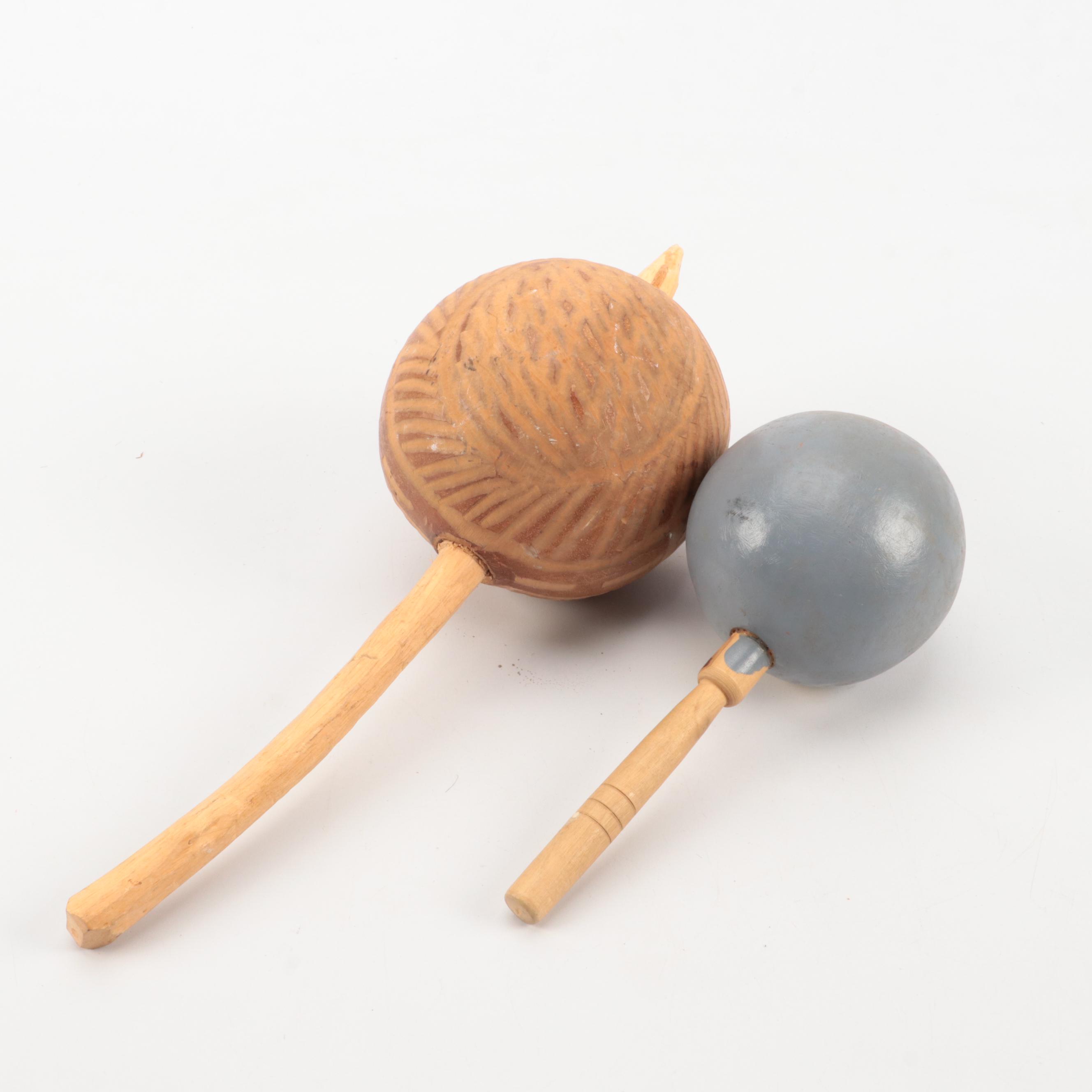 Hand-Carved Maracas With Fisherman Figure, Rooster and Goose