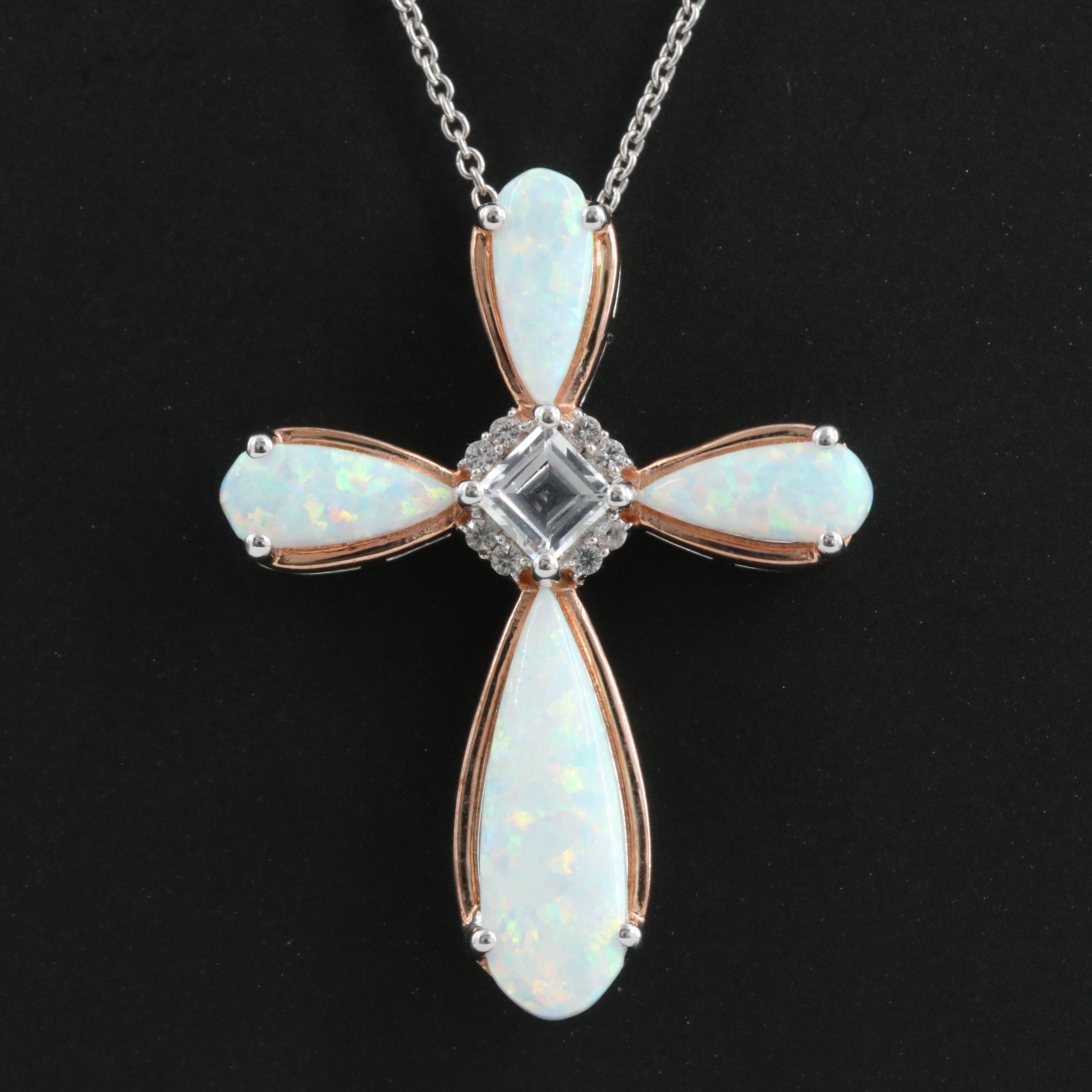 Sterling Opal and Sapphire Cross Pendant Necklace