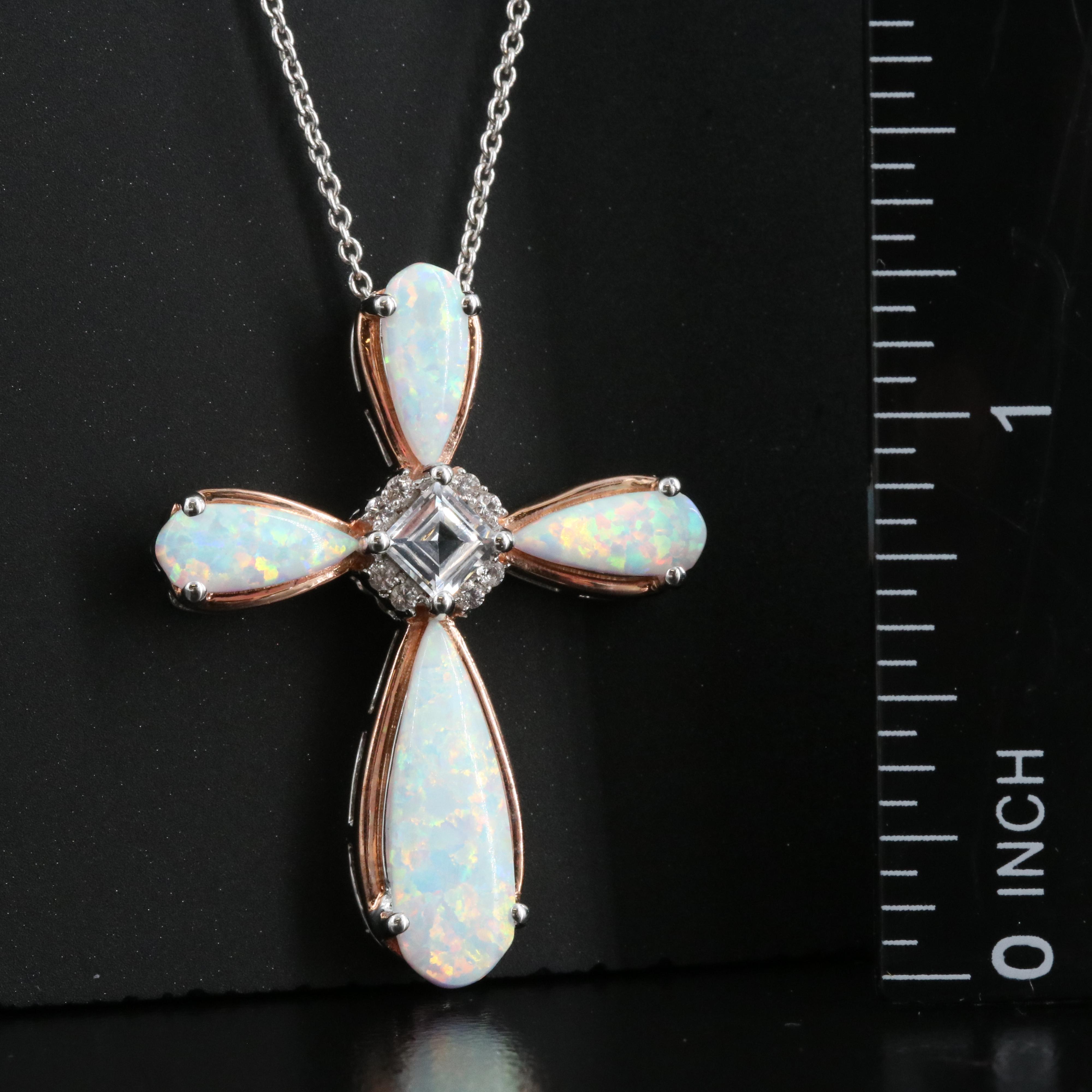 Sterling Opal and Sapphire Cross Pendant Necklace