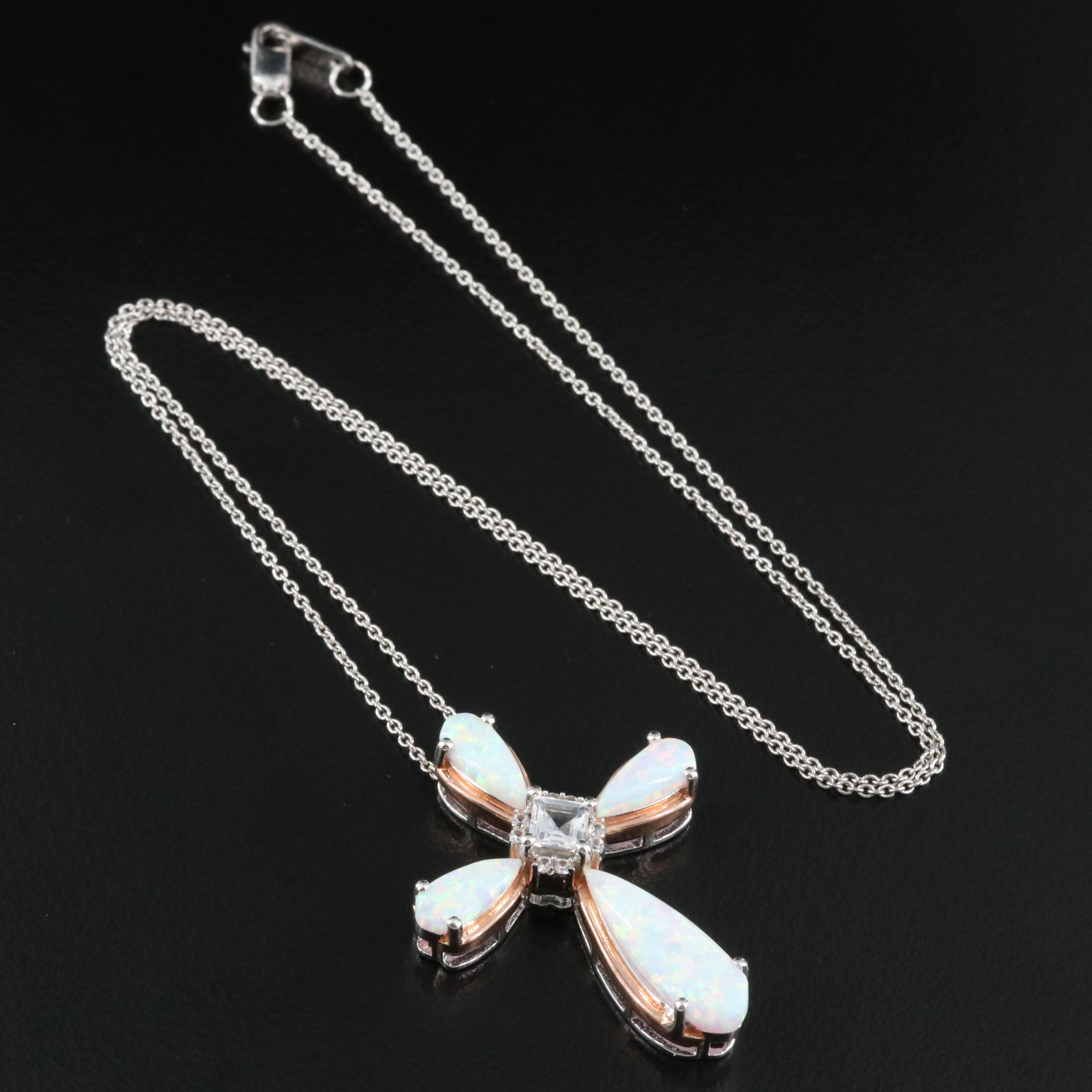 Sterling Opal and Sapphire Cross Pendant Necklace