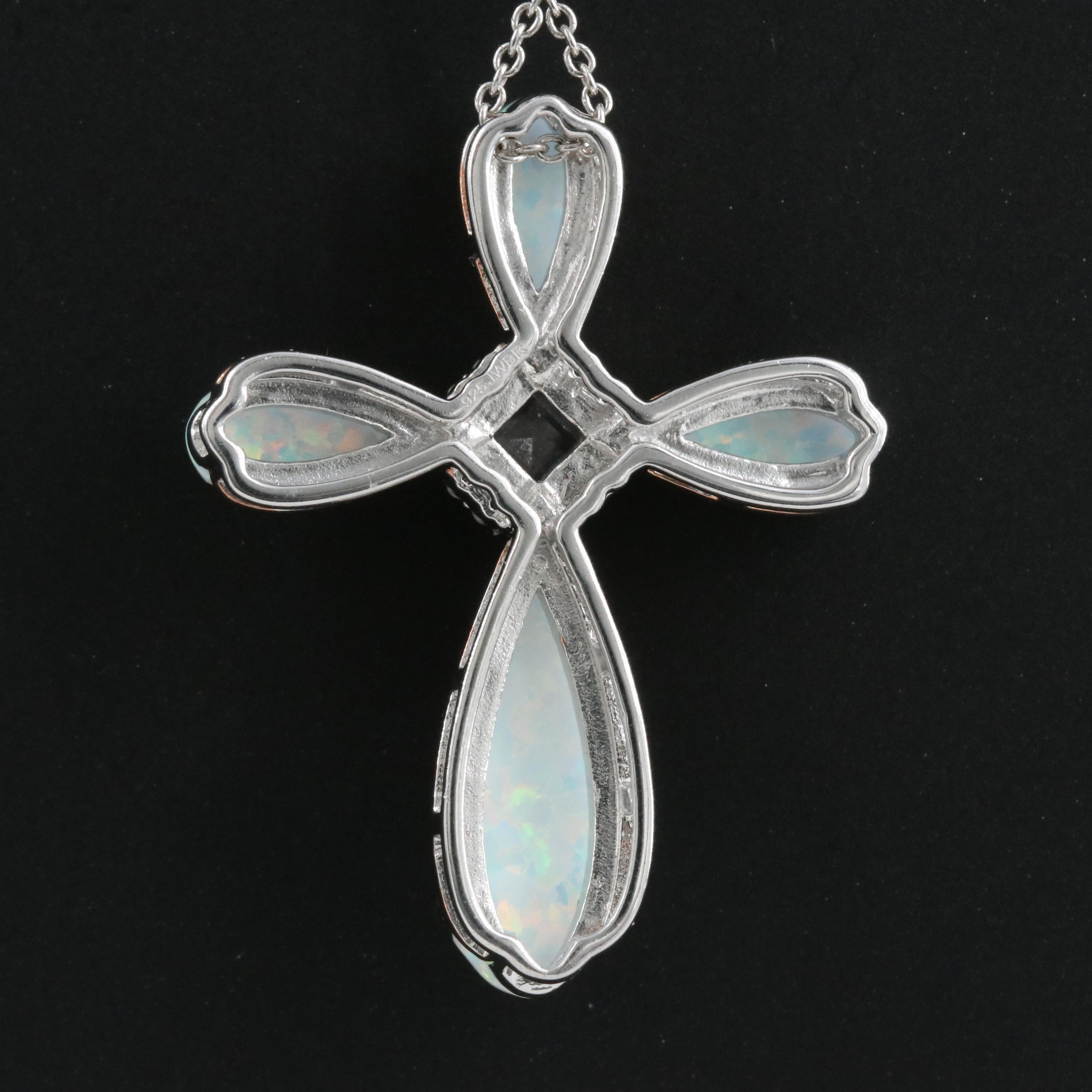 Sterling Opal and Sapphire Cross Pendant Necklace