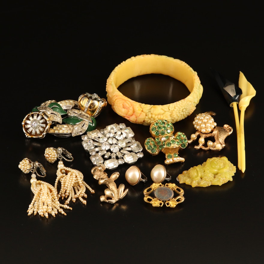 Coro Duette, Weiss, Antique Watch Pin and Celluloid Bracelet Featured in Jewelry