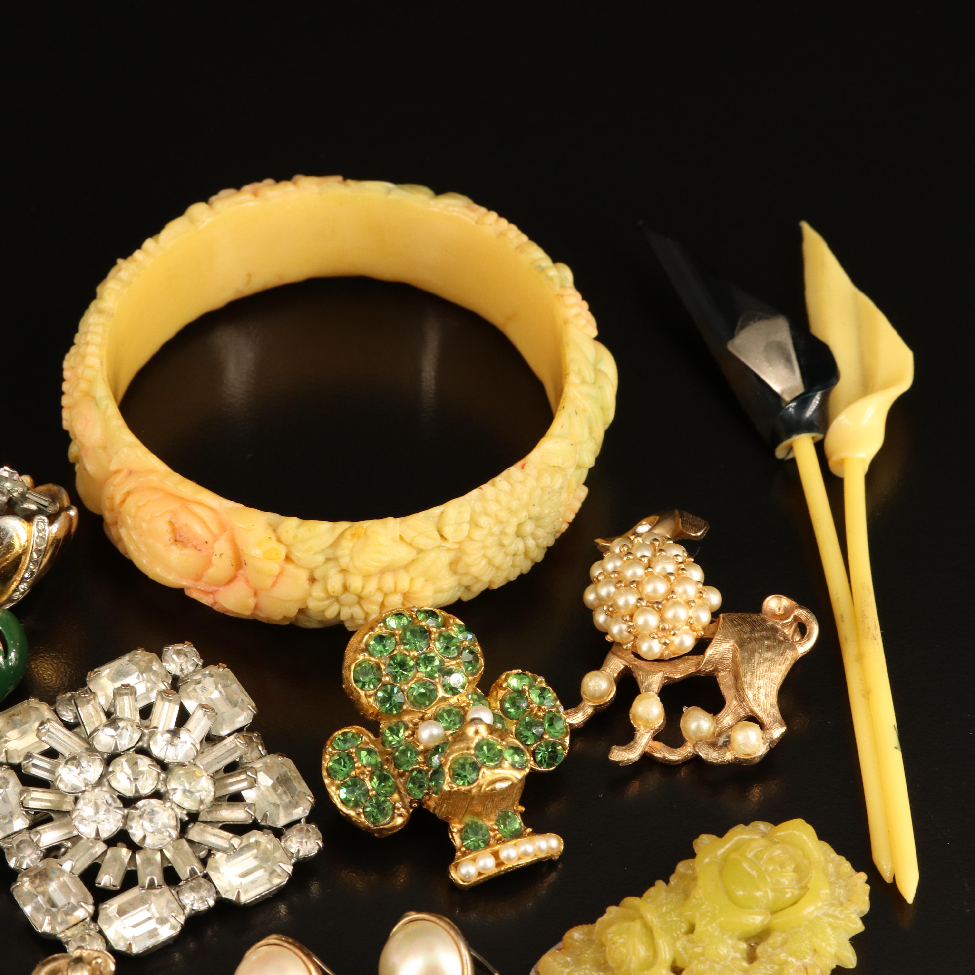 Coro Duette, Weiss, Antique Watch Pin and Celluloid Bracelet Featured in Jewelry