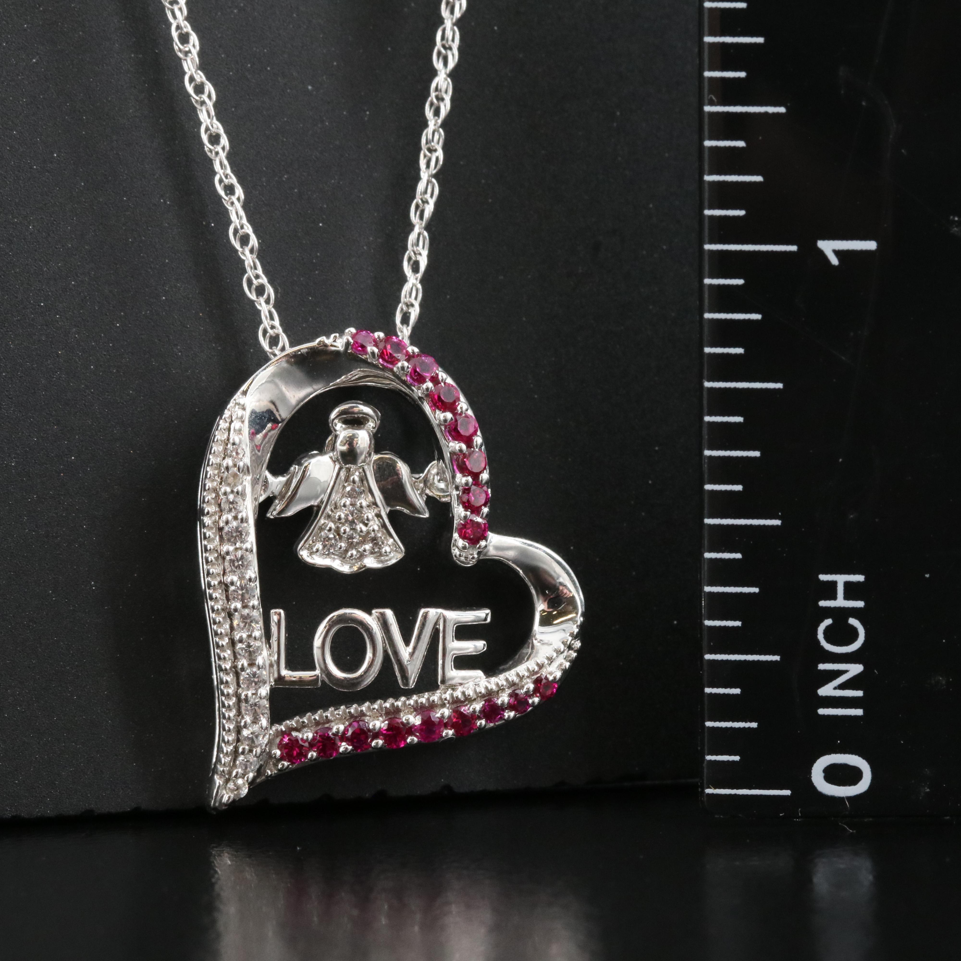 Sterling Ruby and Sapphire Angel "Love" Heart Tremble Pendant Necklace