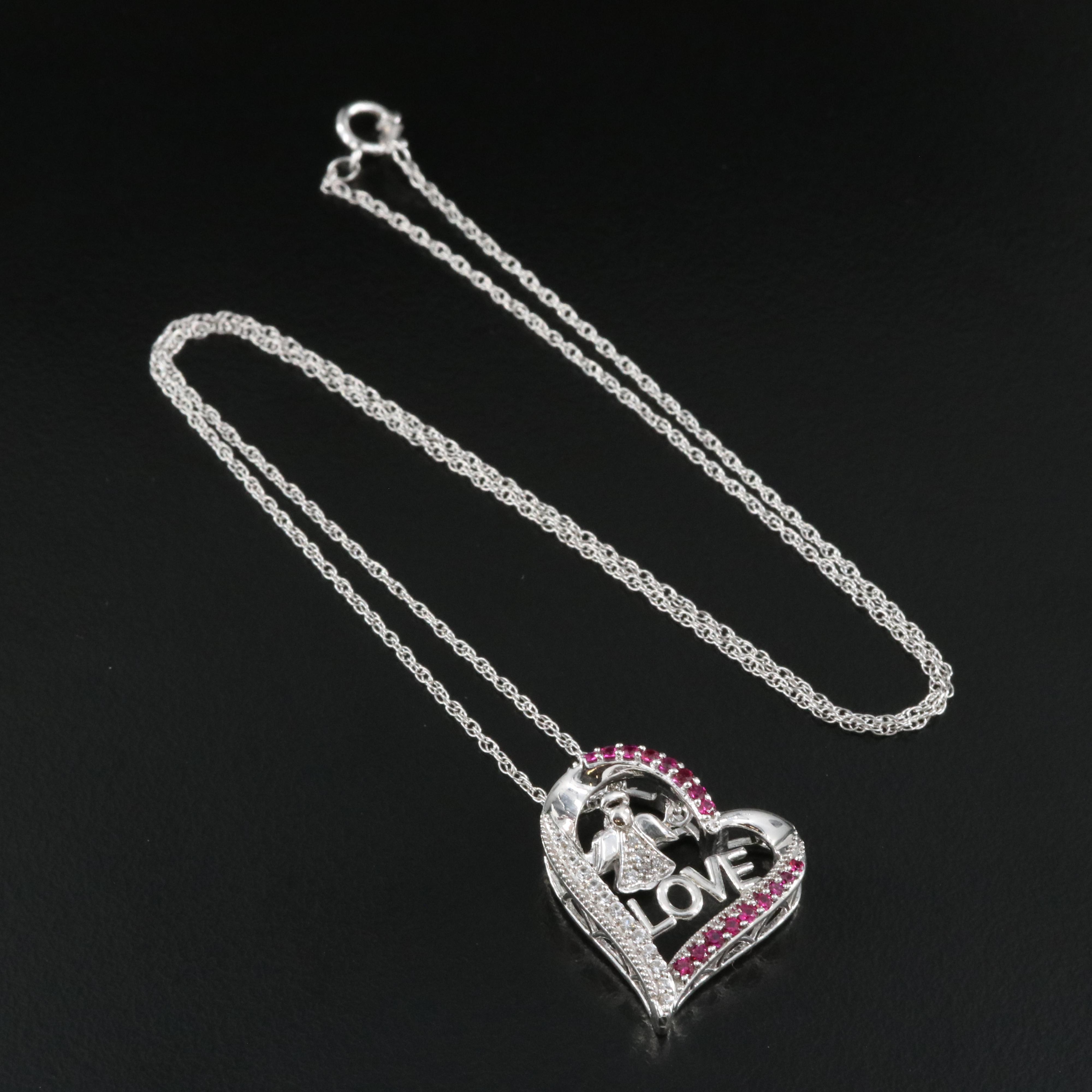 Sterling Ruby and Sapphire Angel "Love" Heart Tremble Pendant Necklace