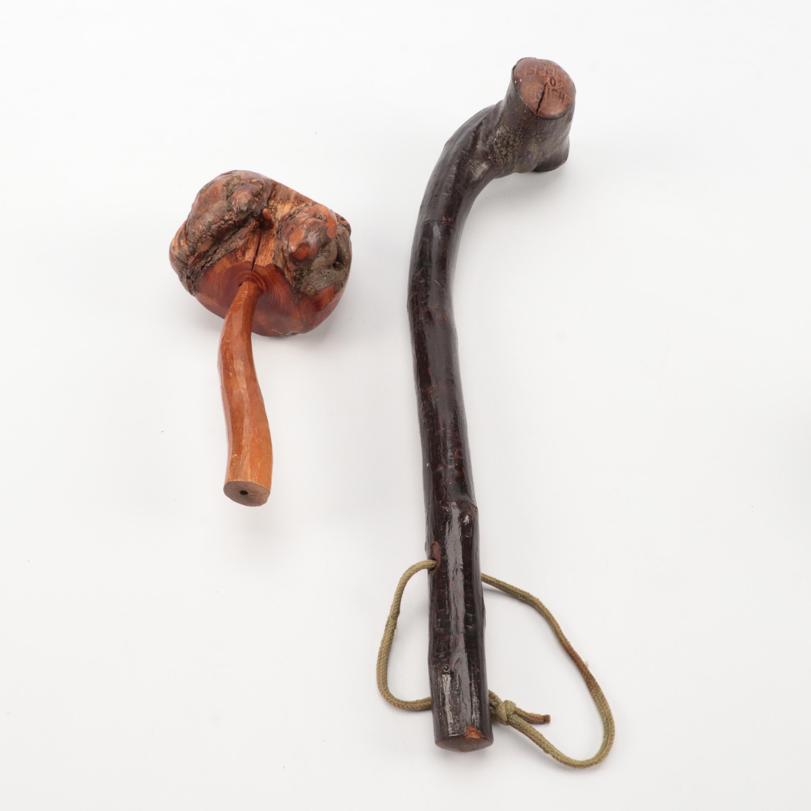 Burl Wood Carvings with Irish Blackthorn Shillelagh and Walnut Bird