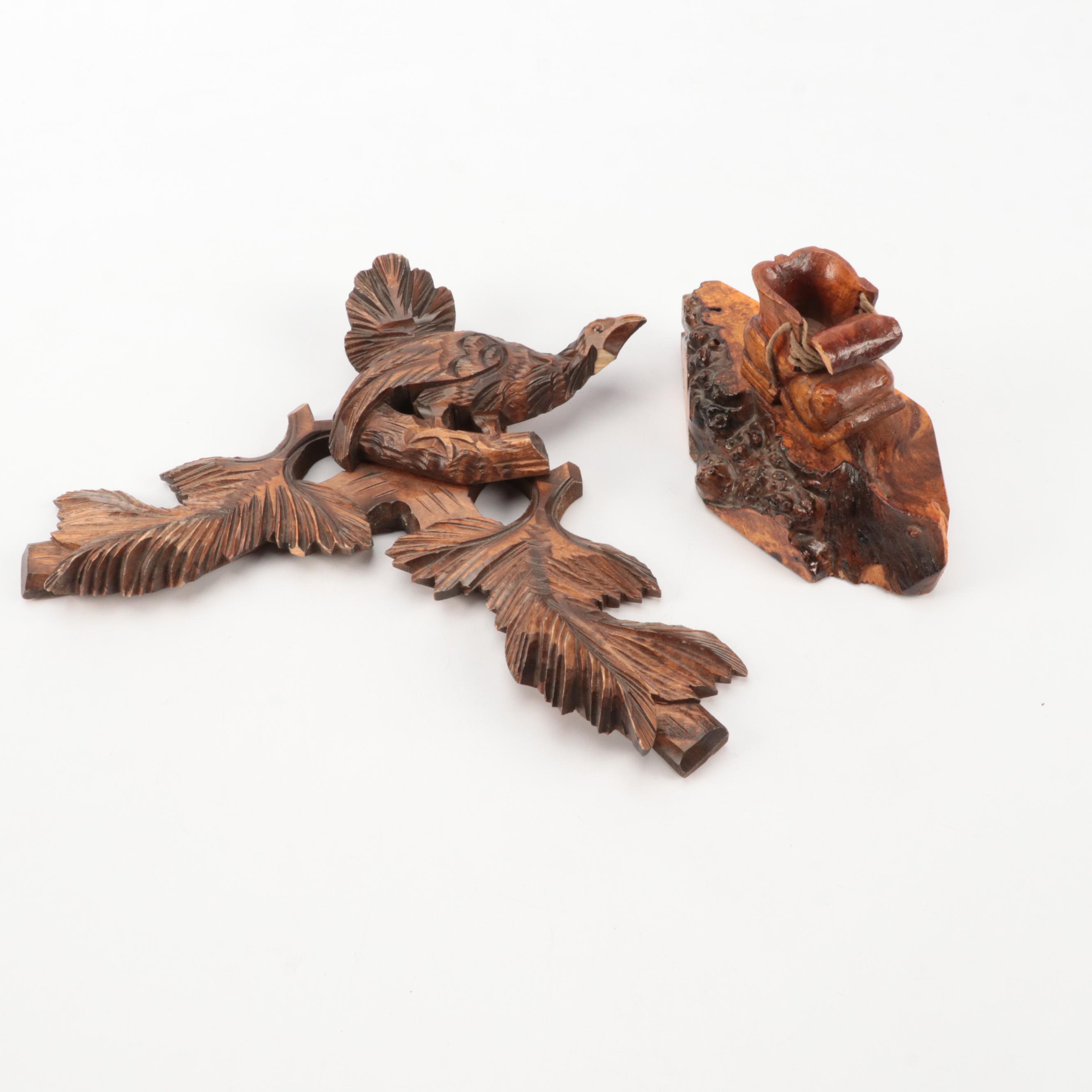 Burl Wood Carvings with Irish Blackthorn Shillelagh and Walnut Bird