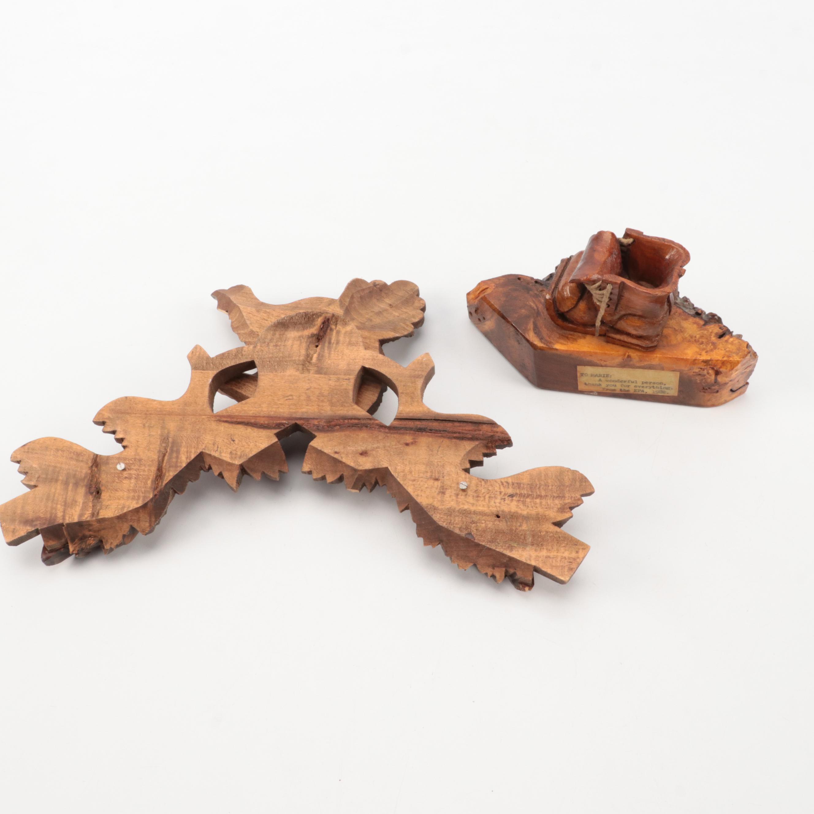 Burl Wood Carvings with Irish Blackthorn Shillelagh and Walnut Bird