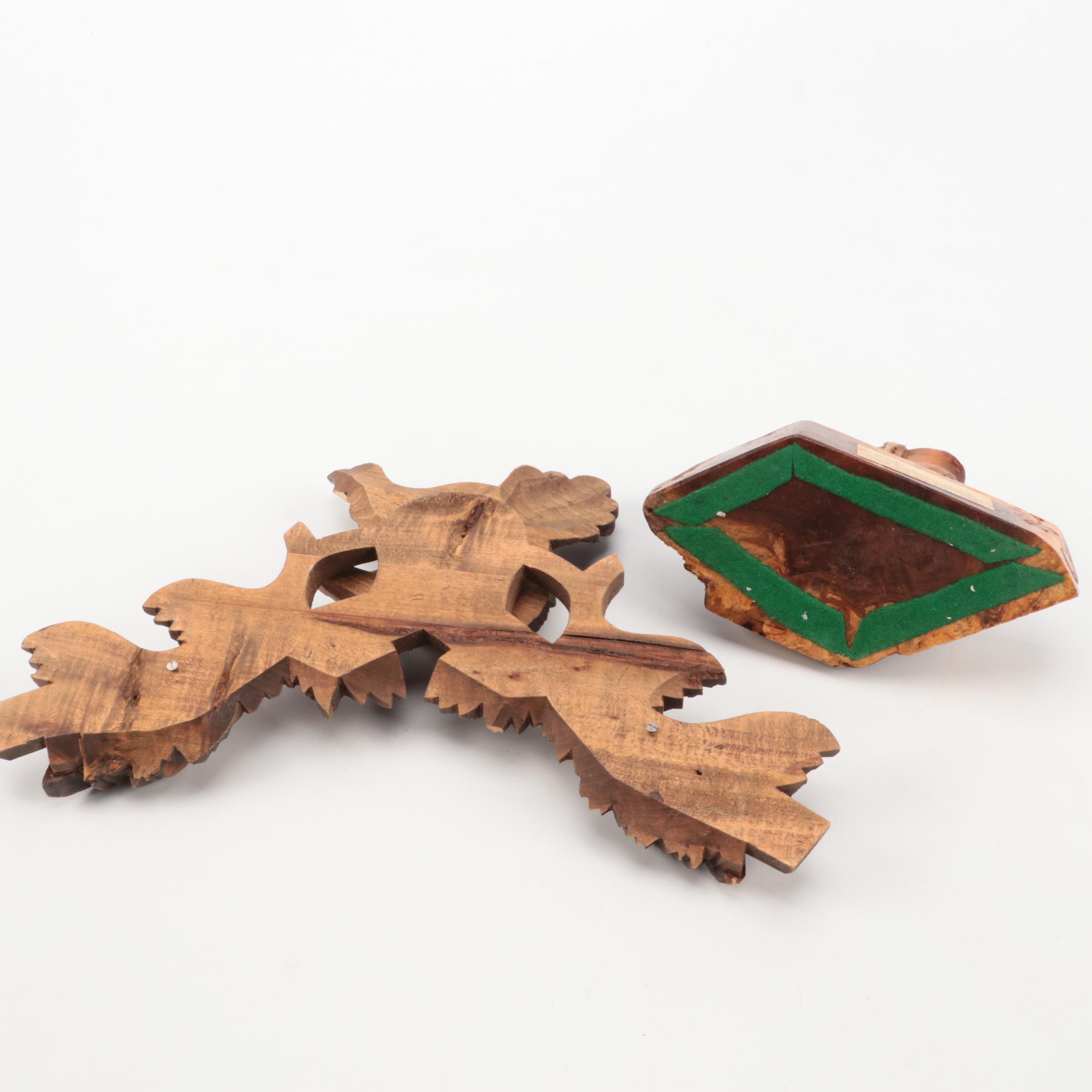 Burl Wood Carvings with Irish Blackthorn Shillelagh and Walnut Bird