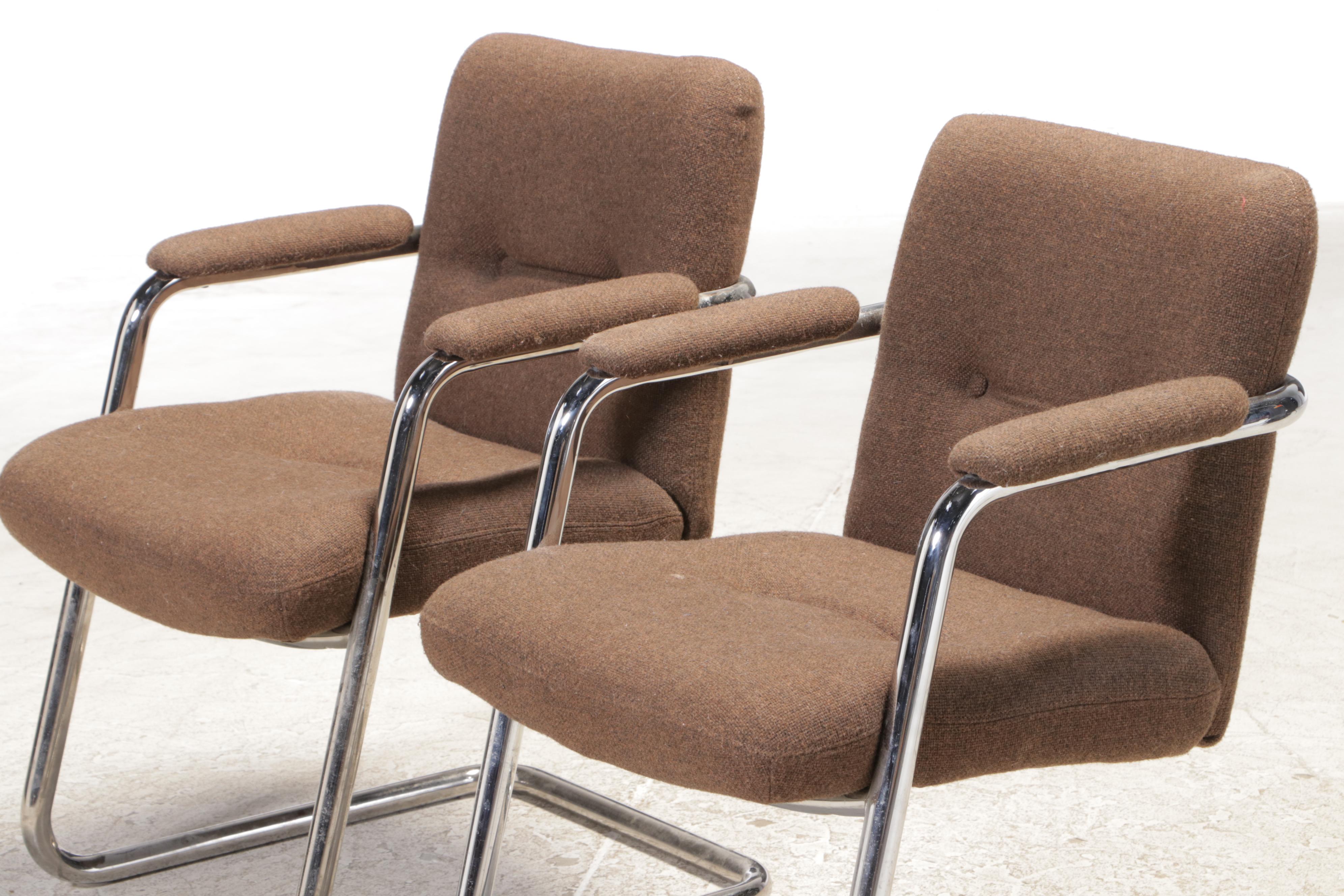 Pair of Chromcraft Modernist Chrome and Buttoned-Down Armchairs