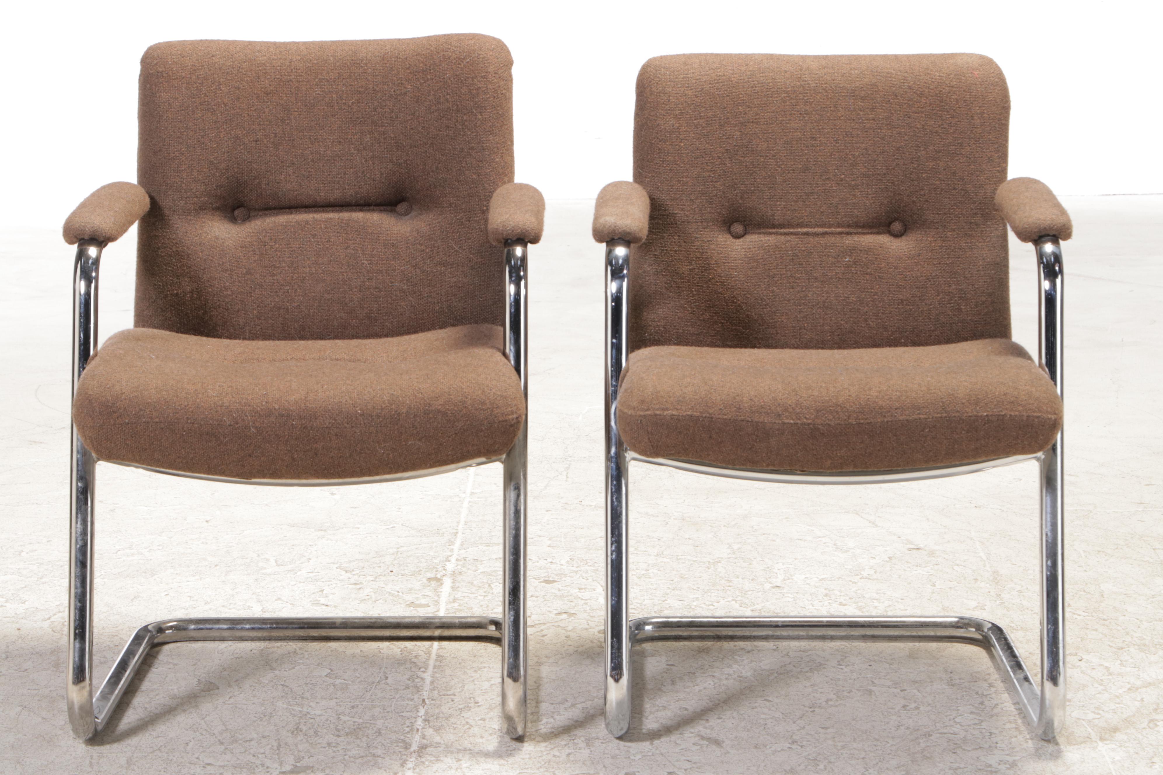 Pair of Chromcraft Modernist Chrome and Buttoned-Down Armchairs