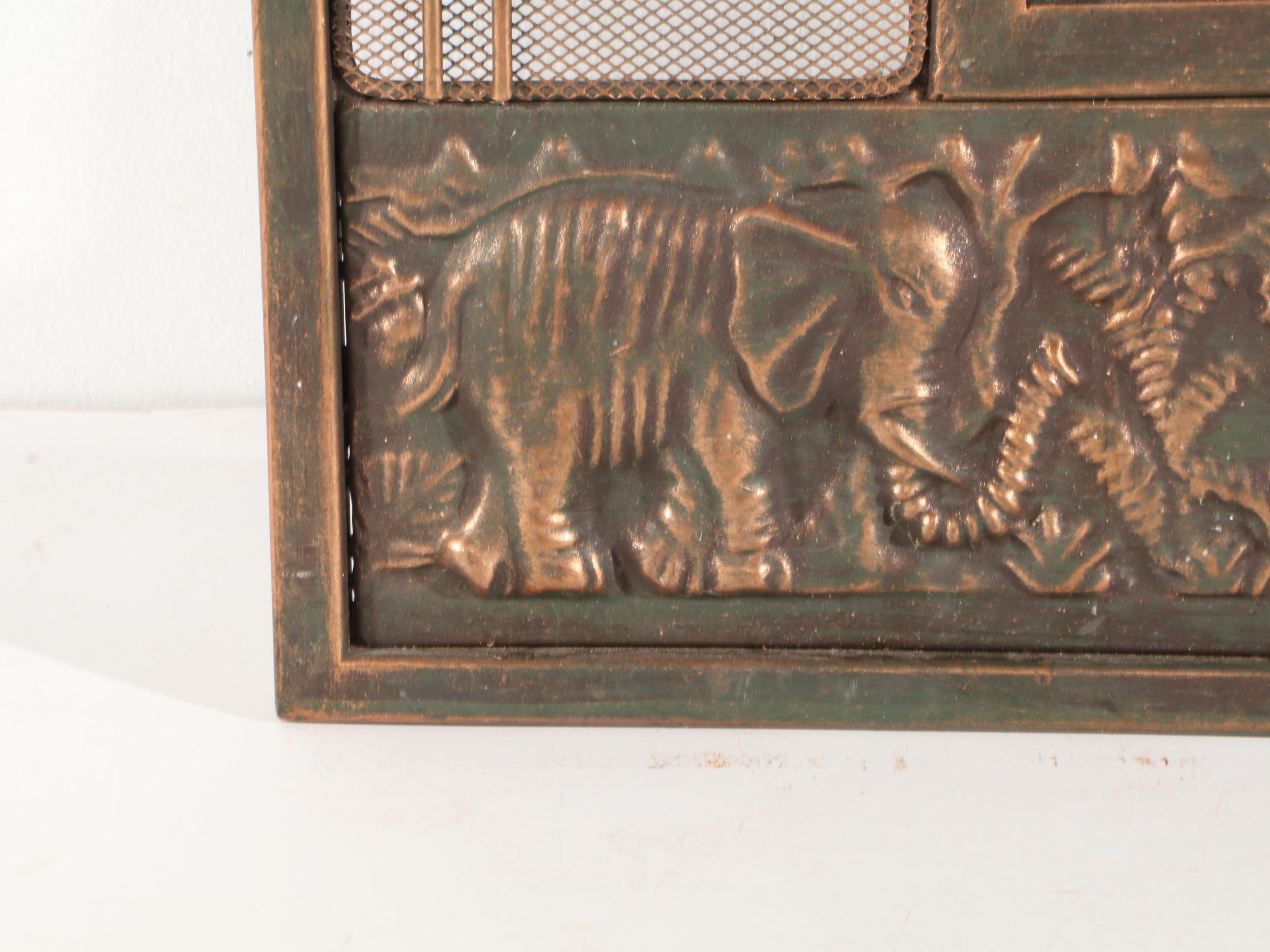 Elephant and Palm Tree Motif Repoussé Metal Framed Wall Mirror