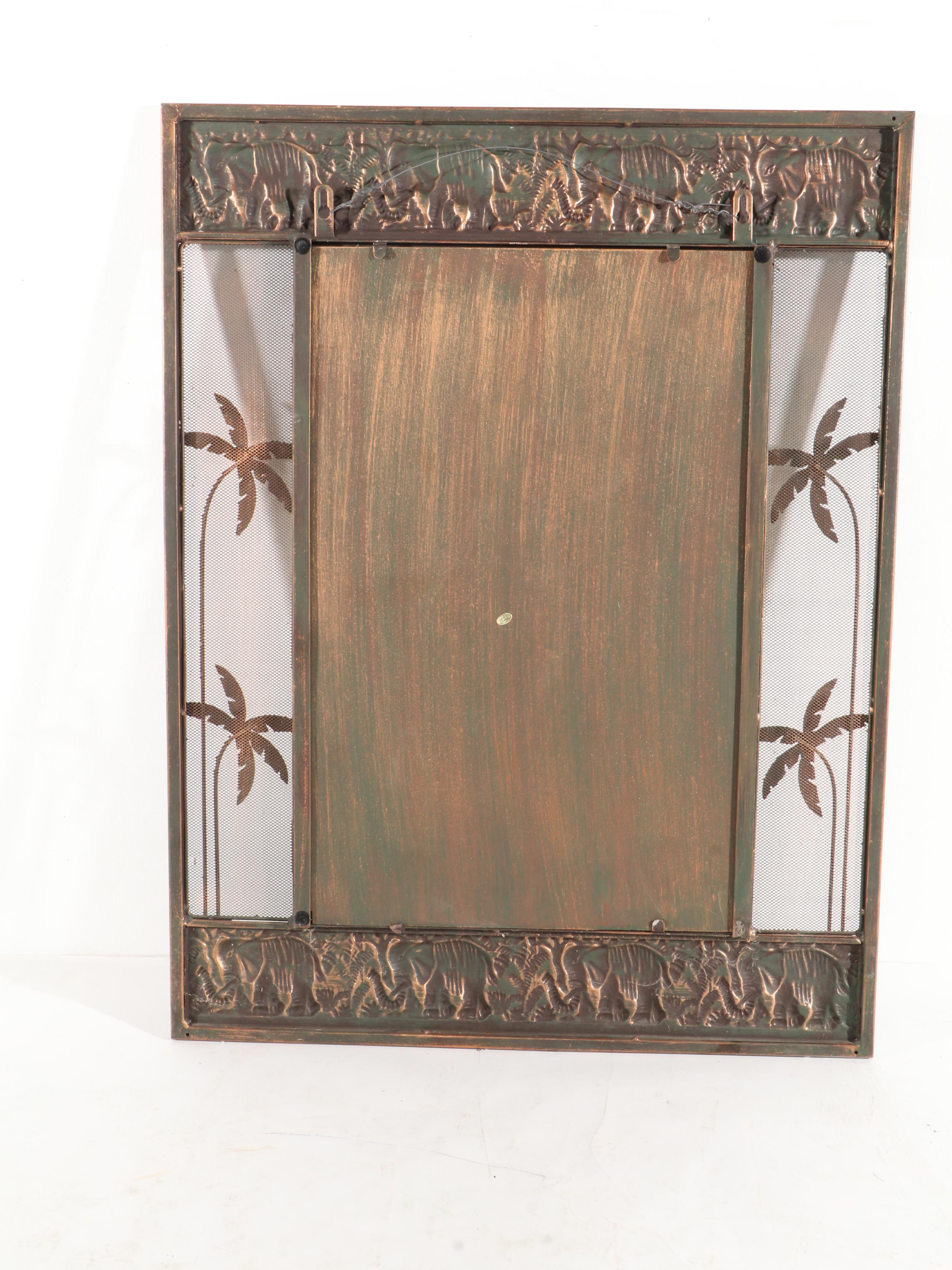 Elephant and Palm Tree Motif Repoussé Metal Framed Wall Mirror