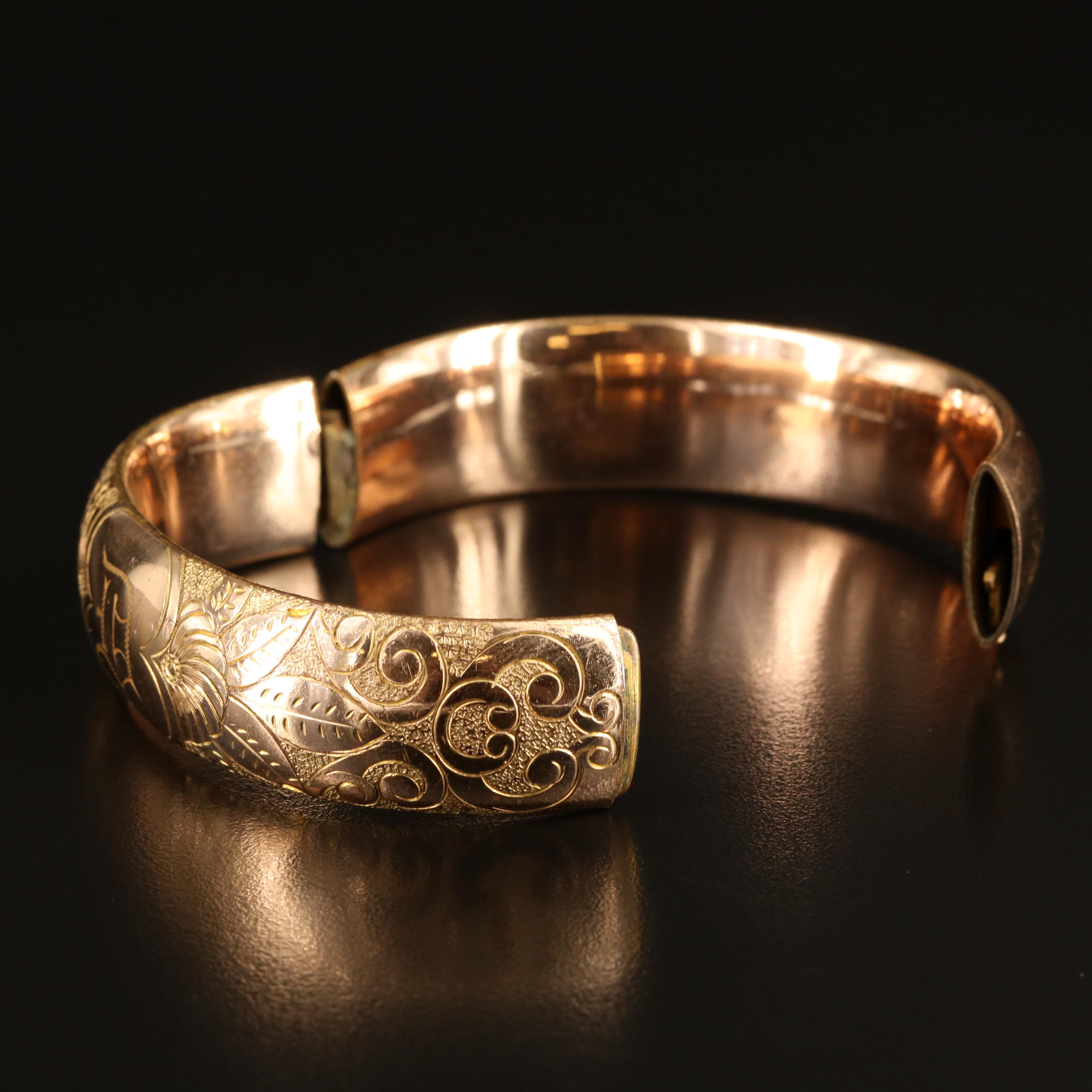 Art Nouveau Wide Bracelet with Engraved Flourishes