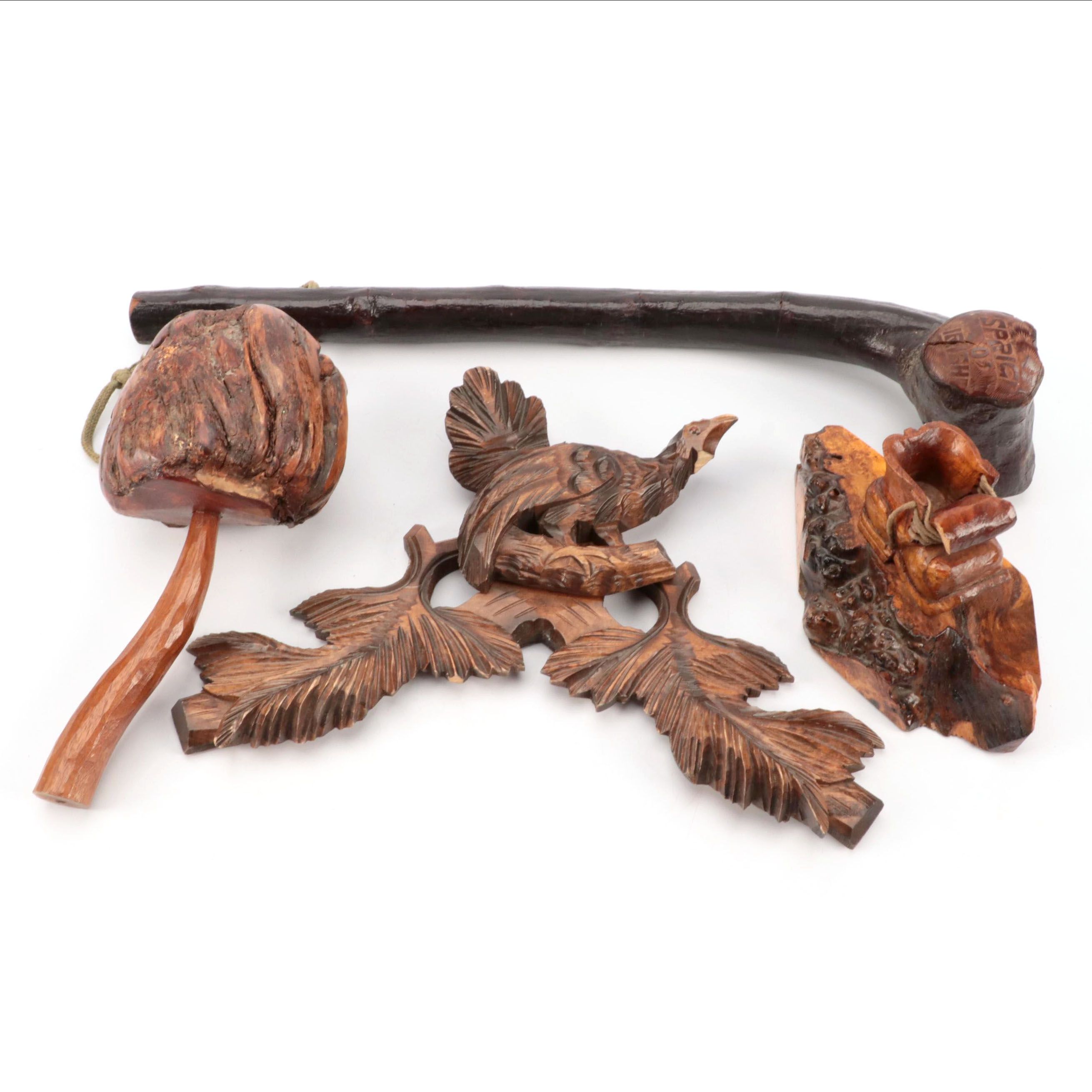Burl Wood Carvings with Irish Blackthorn Shillelagh and Walnut Bird