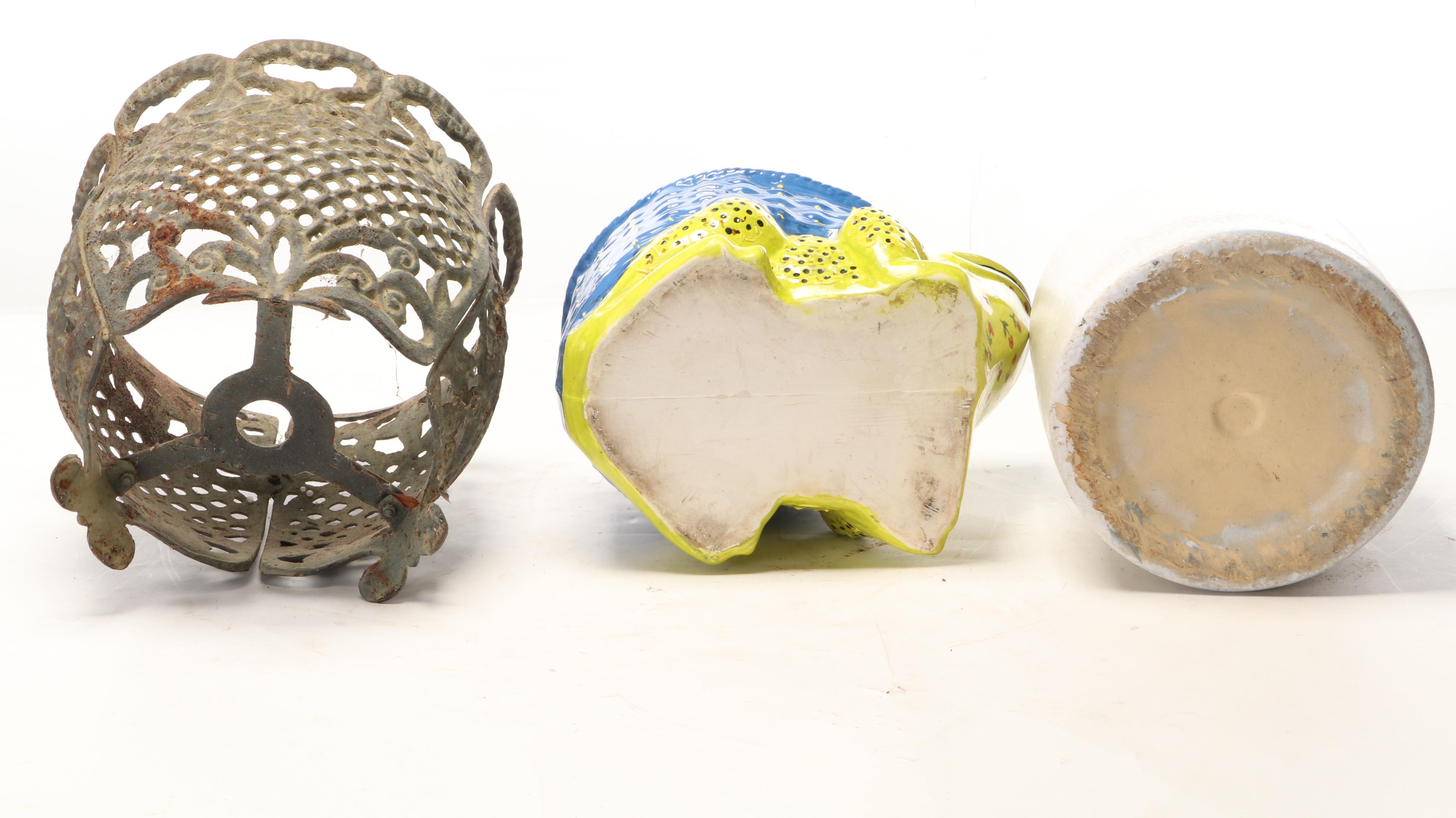 Whimsical Frog Planter With White Ceramic, Cast Iron Hose Holder