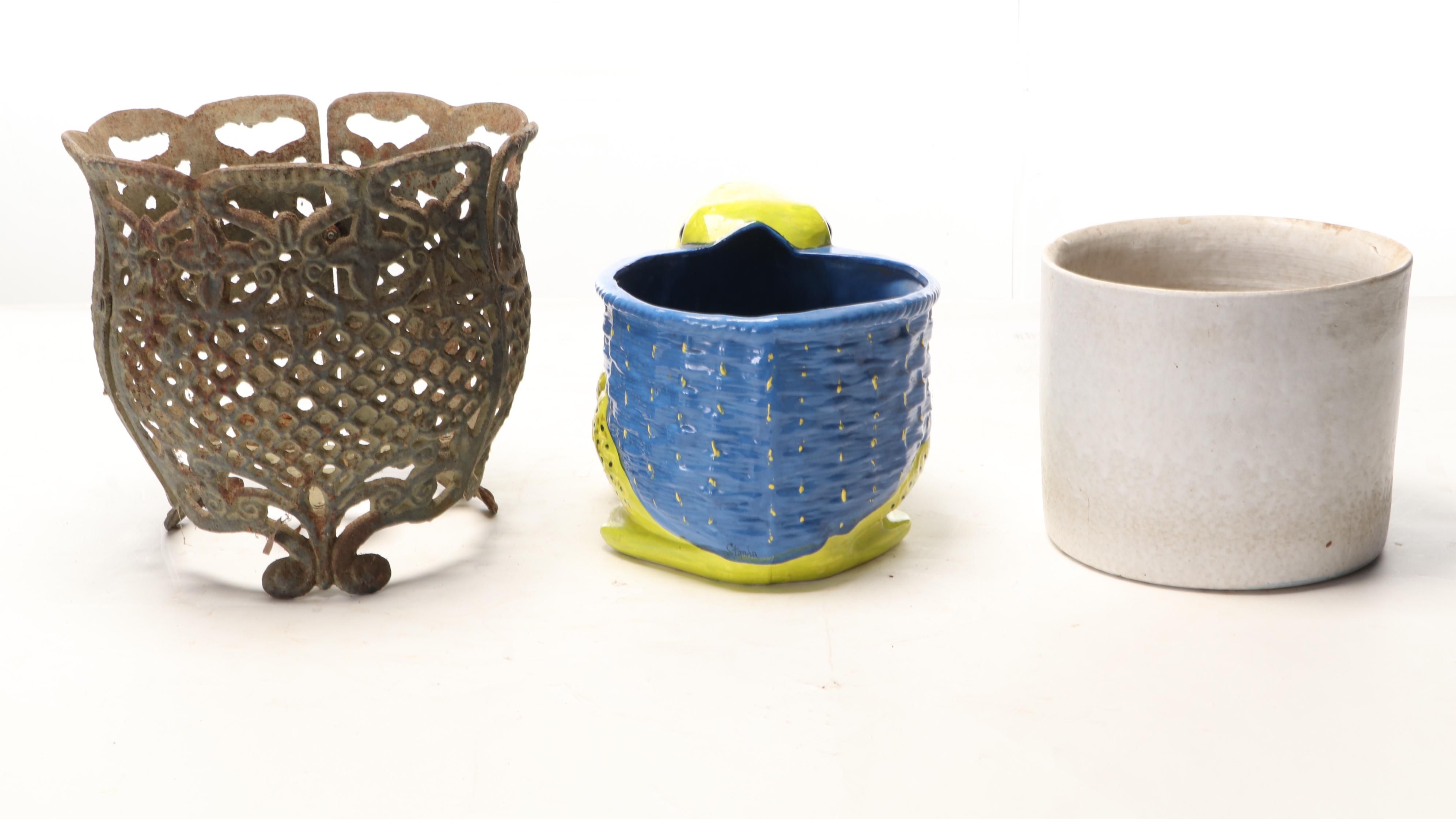 Whimsical Frog Planter With White Ceramic, Cast Iron Hose Holder