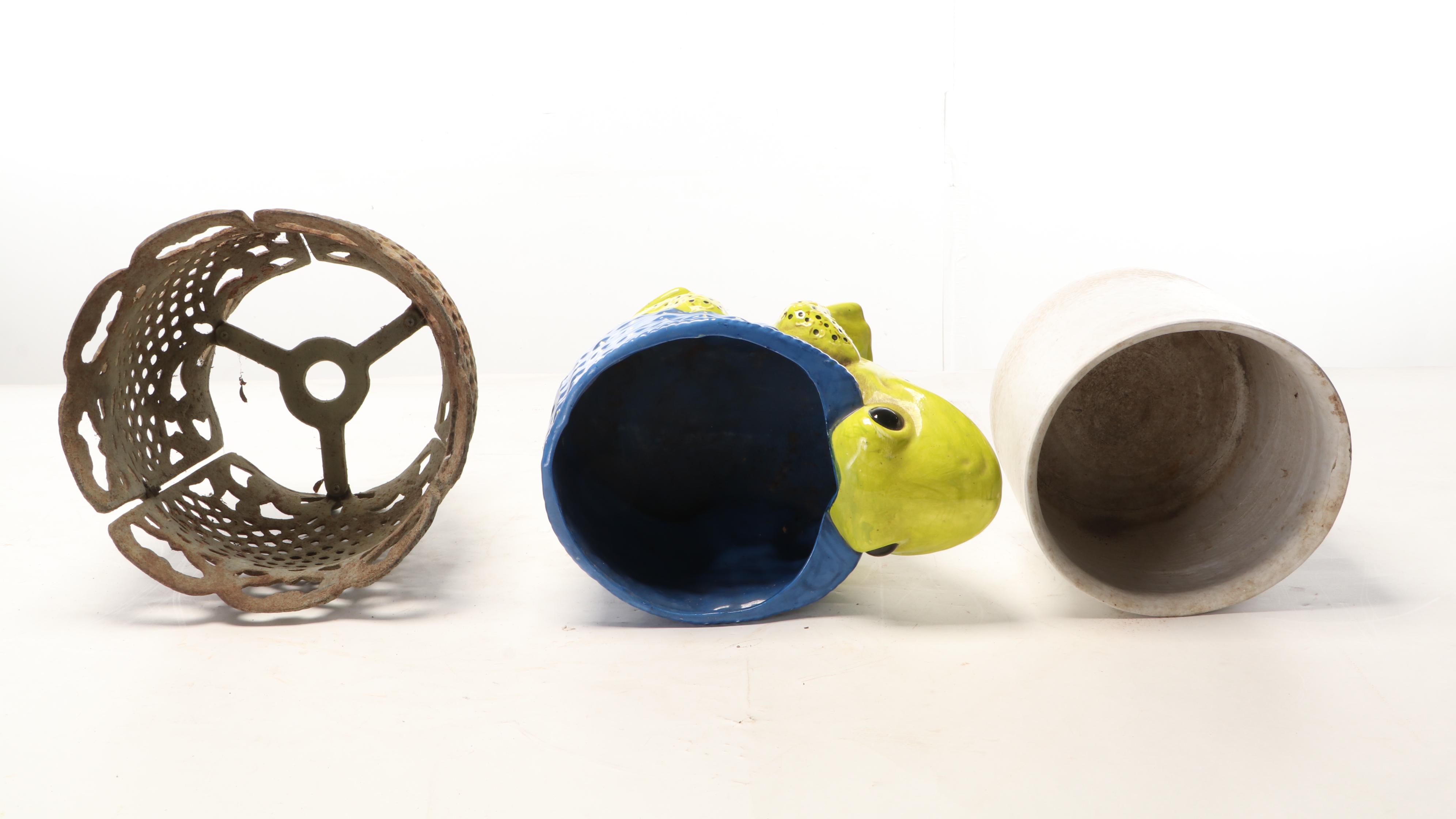 Whimsical Frog Planter With White Ceramic, Cast Iron Hose Holder