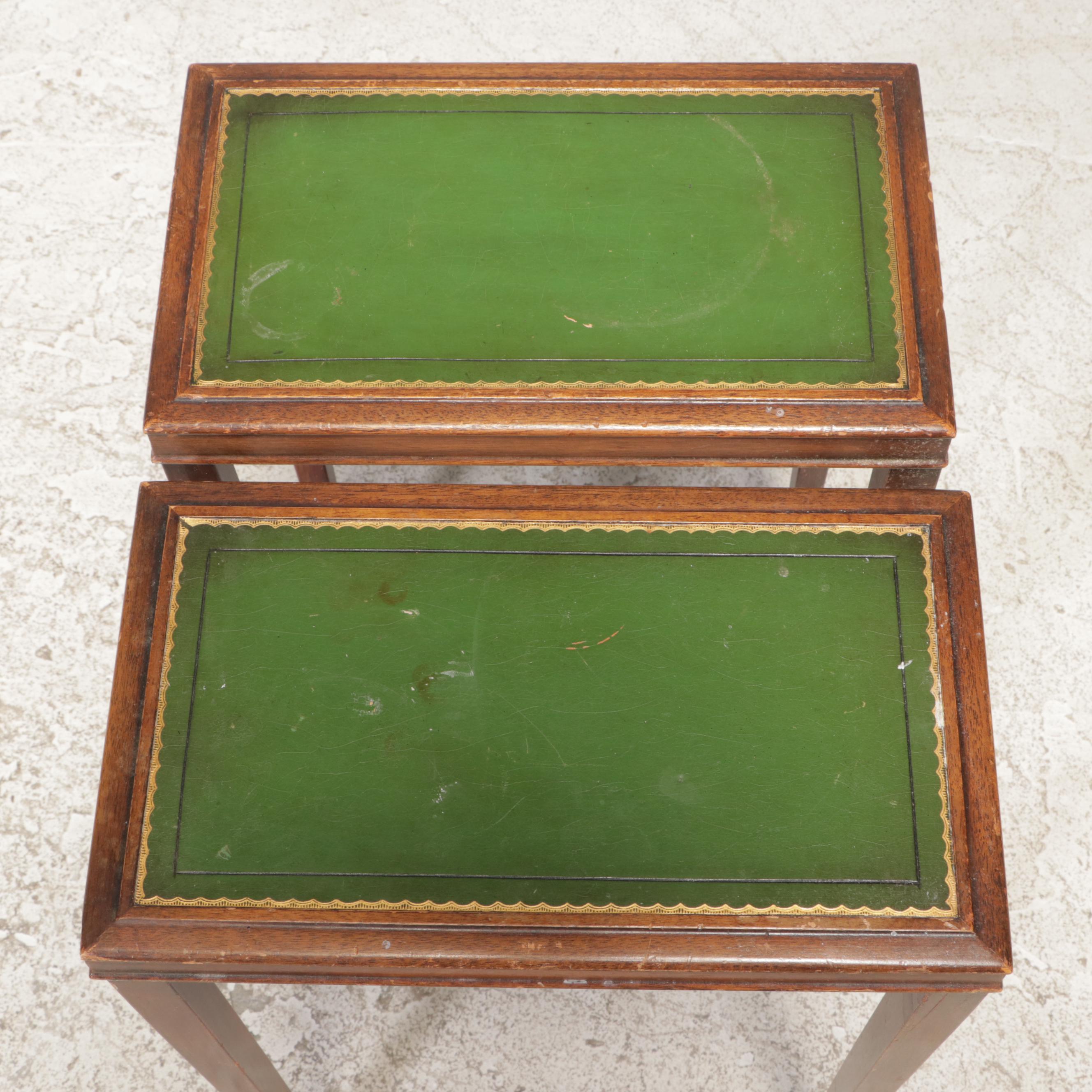 Pair of Small Weiman Federal Style Mahogany and Gilt-Tooled Leather Side Tables