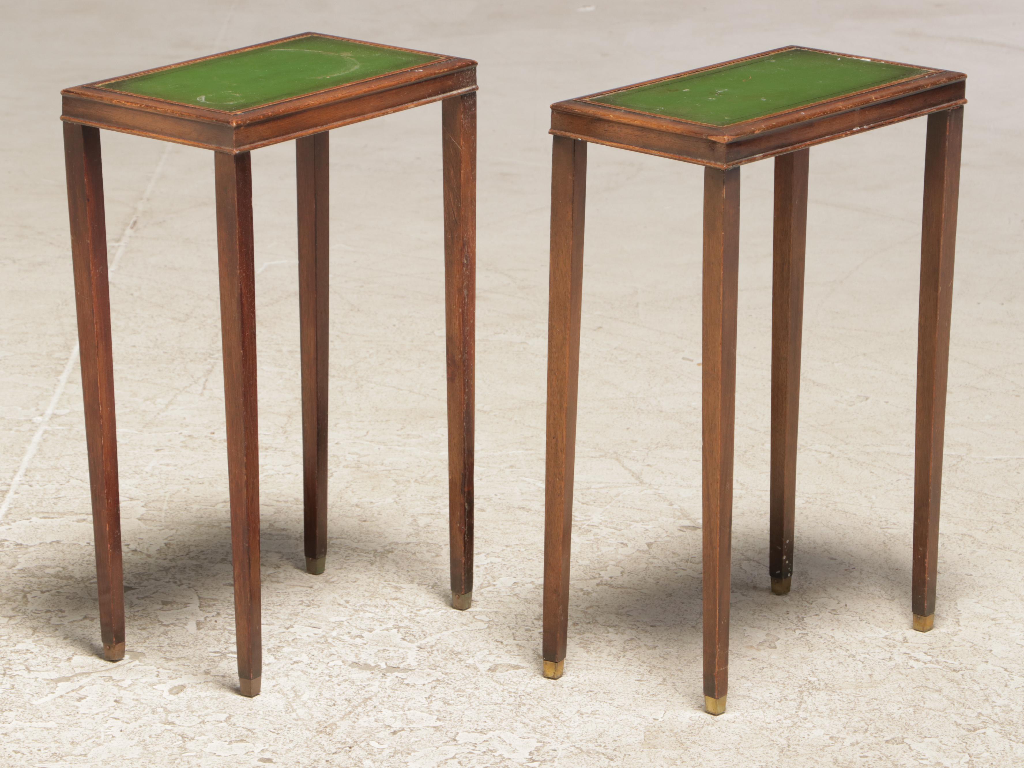 Pair of Small Weiman Federal Style Mahogany and Gilt-Tooled Leather Side Tables