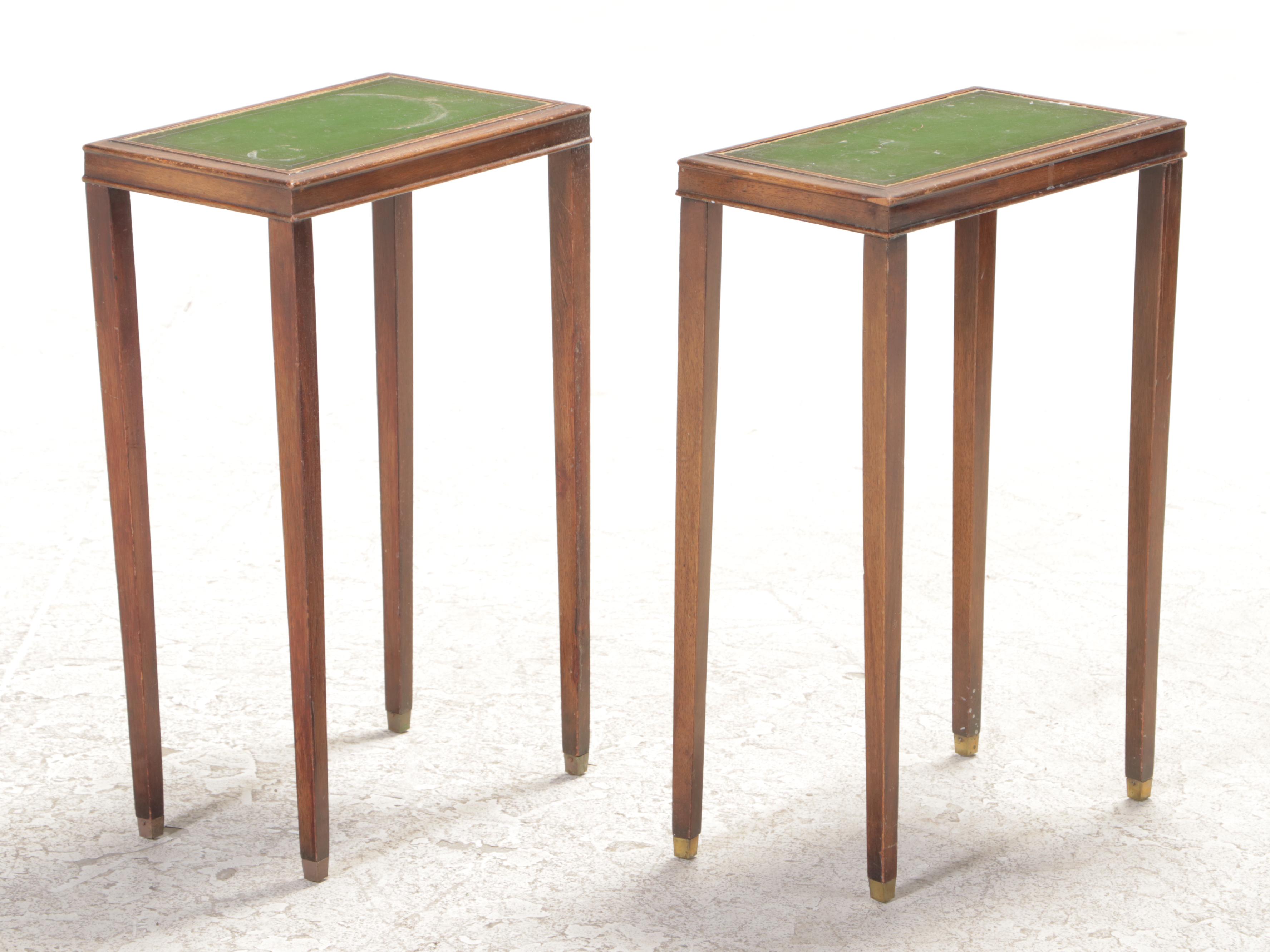 Pair of Small Weiman Federal Style Mahogany and Gilt-Tooled Leather Side Tables