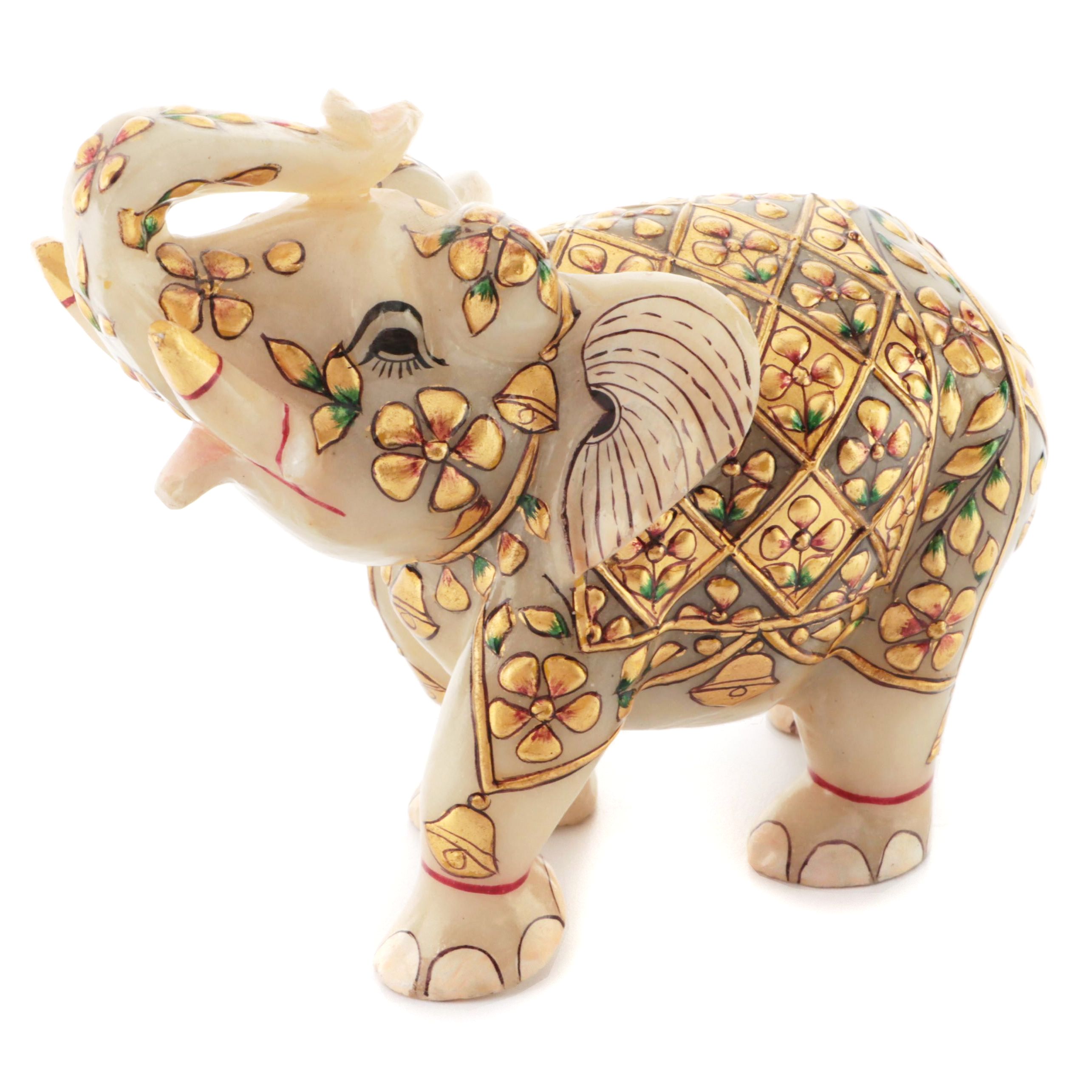 Indian Gilt Painted Carved Calcite Elephant Figurine