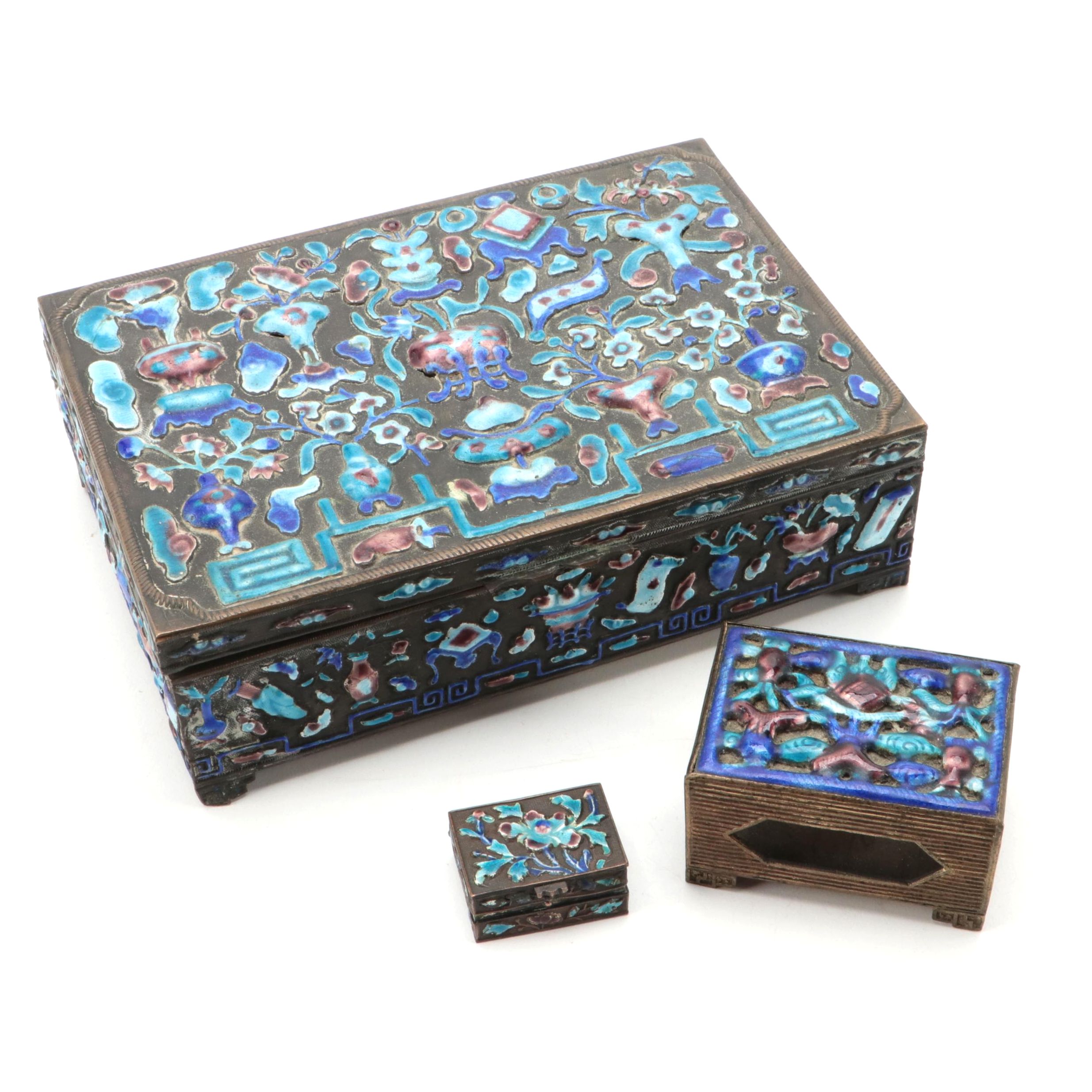 Chinese Enameled Brass Boxes and Match Box Holder