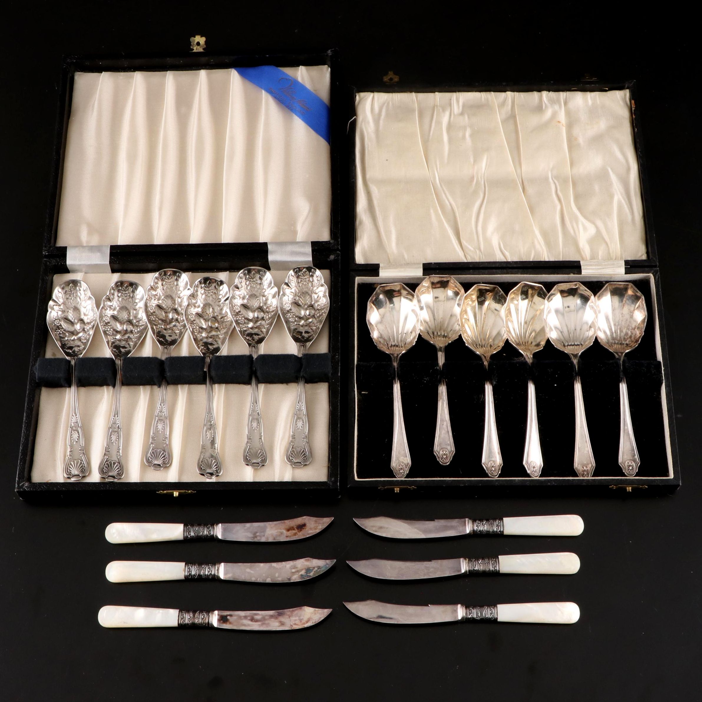 William Adams and Other Silver Plate Fruit Spoons with MOP Handled Knives