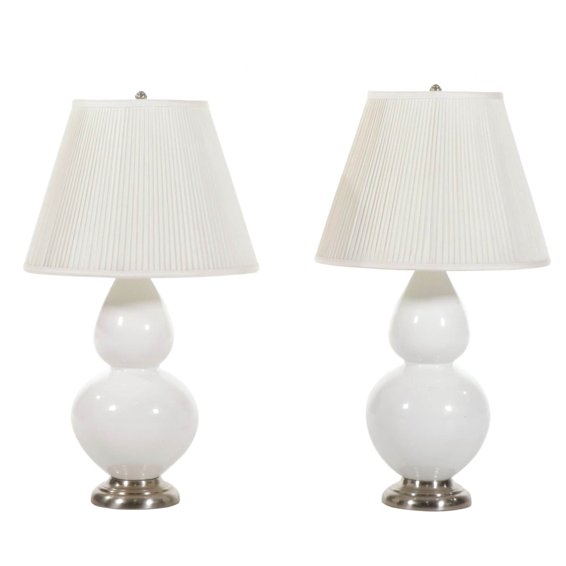White Glass Double Gourd Table Lamp Pair, Late 20th Century