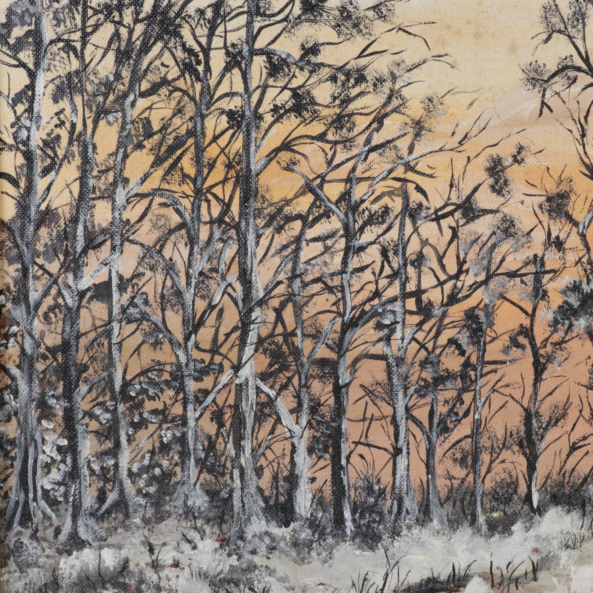 Brian Sholley Folk Art Oil Painting "Winter," Circa 1974