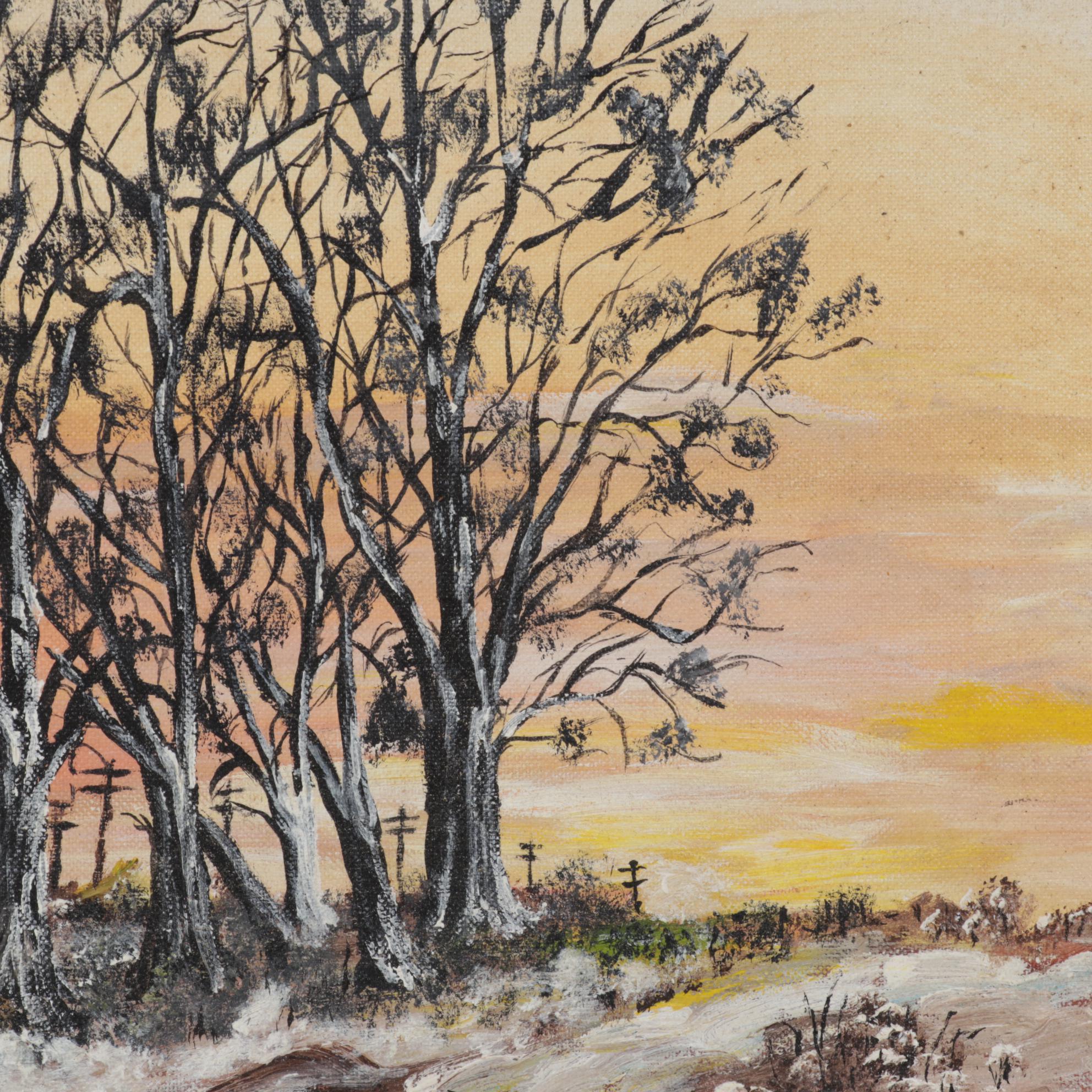 Brian Sholley Folk Art Oil Painting "Winter," Circa 1974