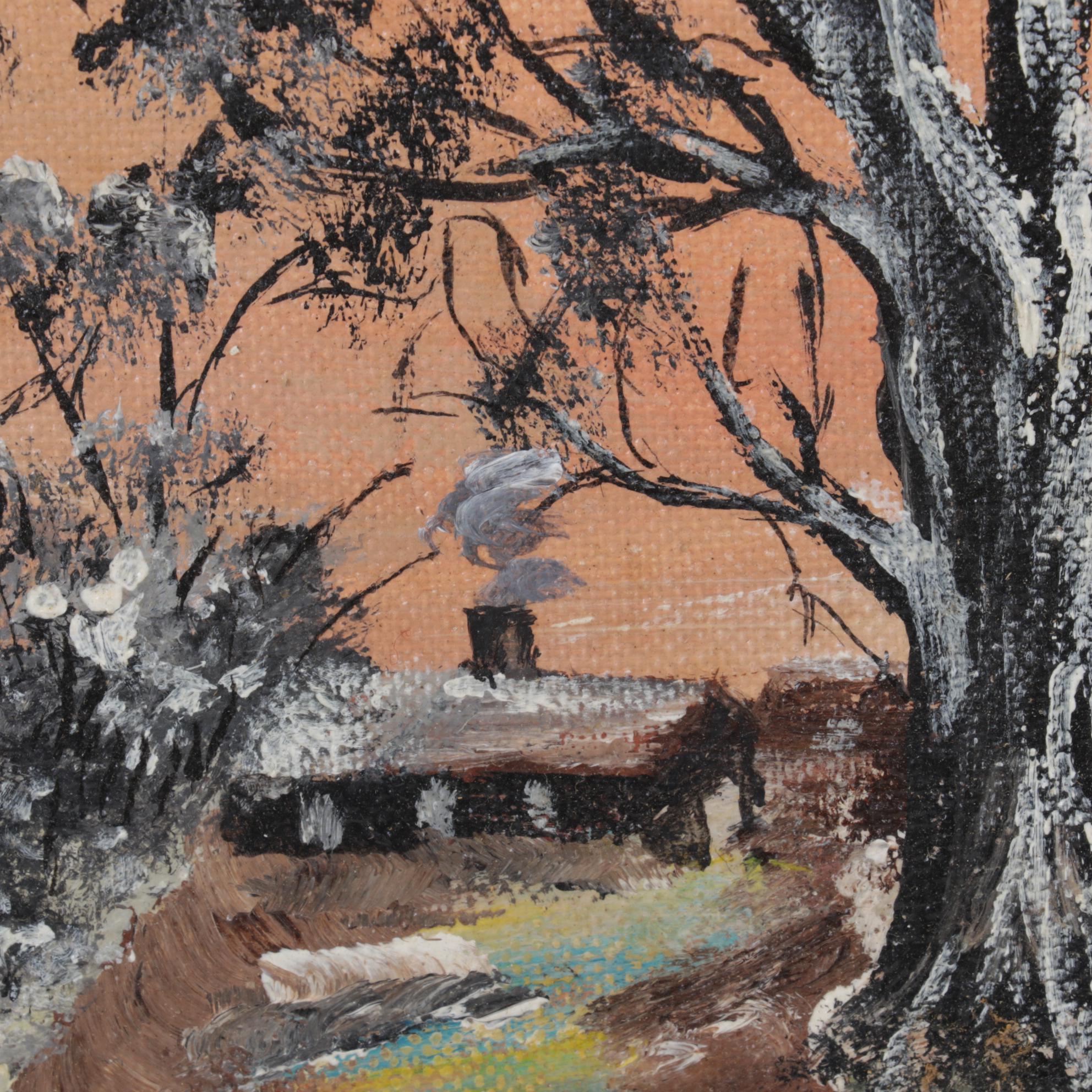 Brian Sholley Folk Art Oil Painting "Winter," Circa 1974