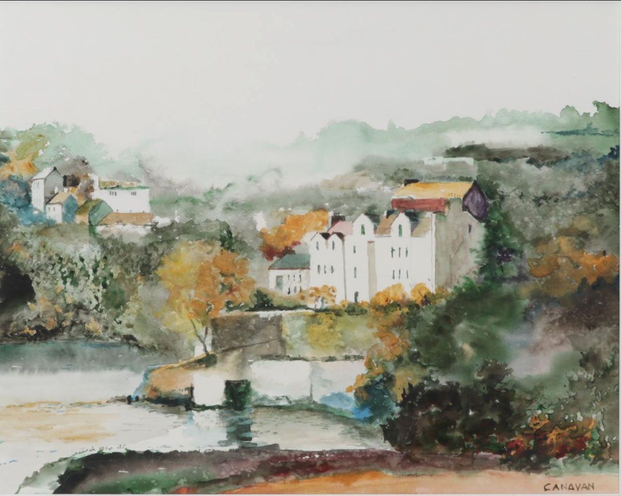 Irish Town Landscape Watercolor Painting "Kinsale, Co. Cork," Late 20th Century