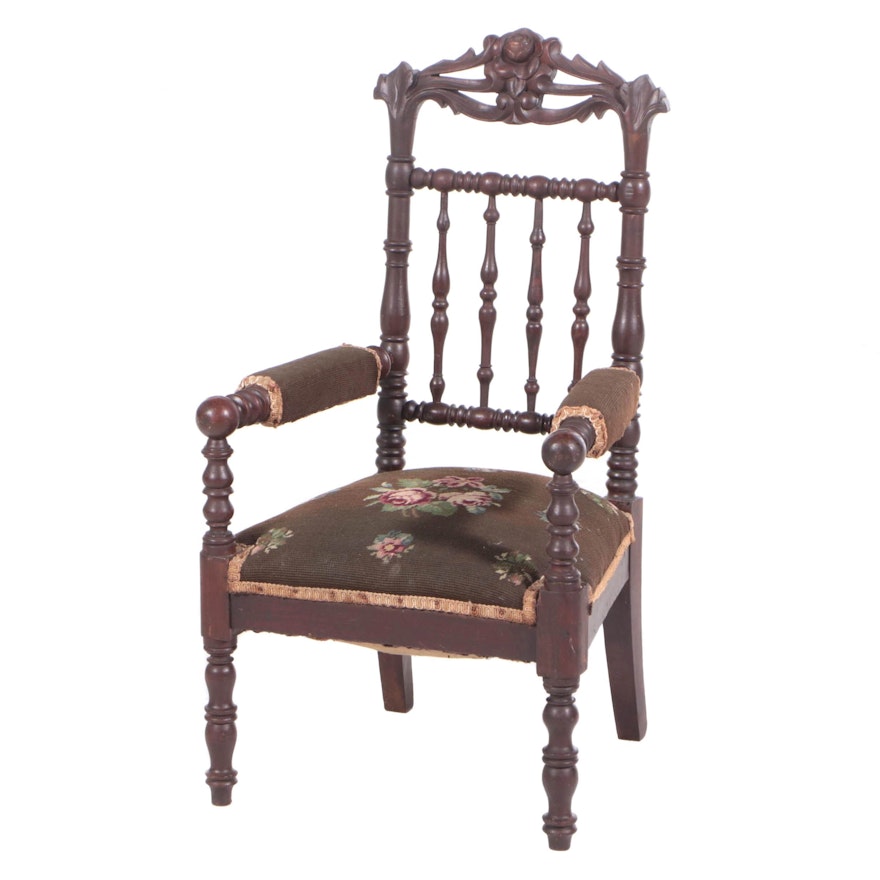 Victorian Carved Walnut and Needlepoint Child's Armchair, Mid/Late 19th Century