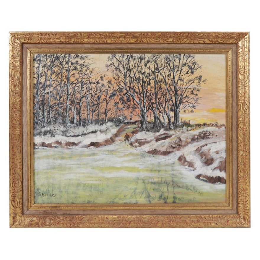 Brian Sholley Folk Art Oil Painting "Winter," Circa 1974