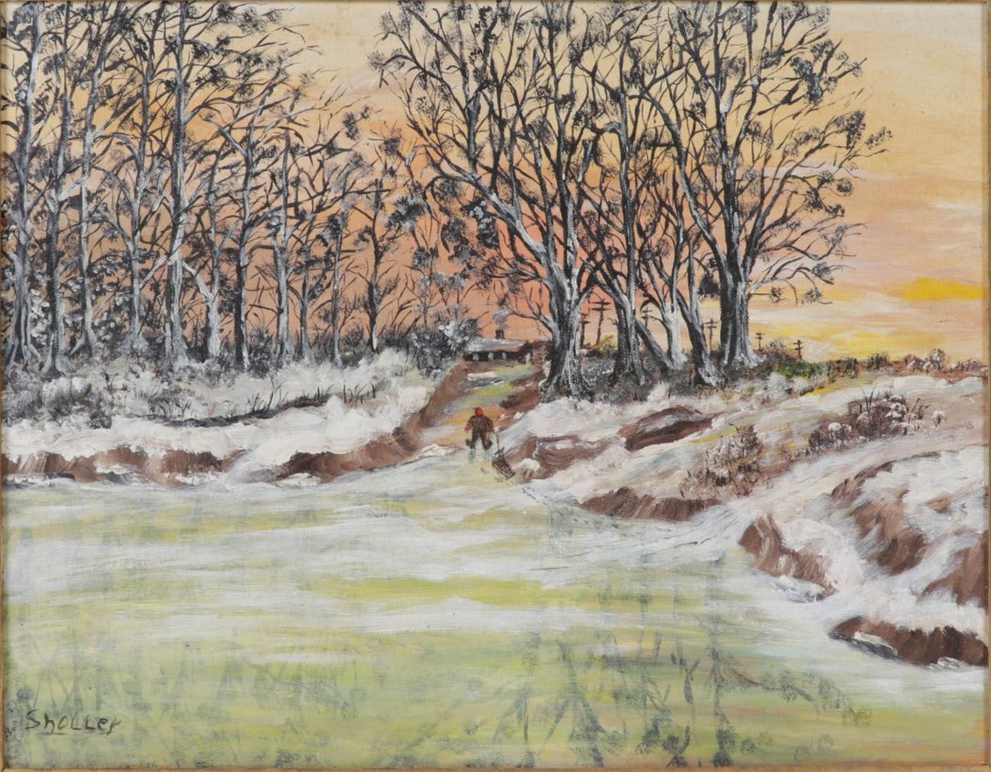 Brian Sholley Folk Art Oil Painting "Winter," Circa 1974