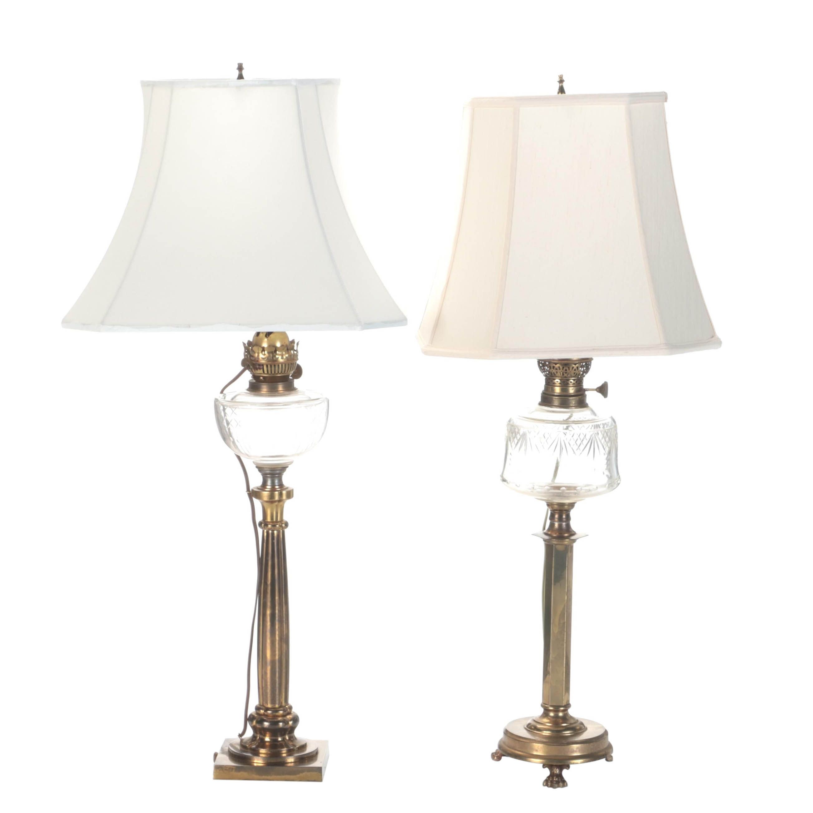 Duplex English and Other Glass and Brass Converted Oil Table Lamps