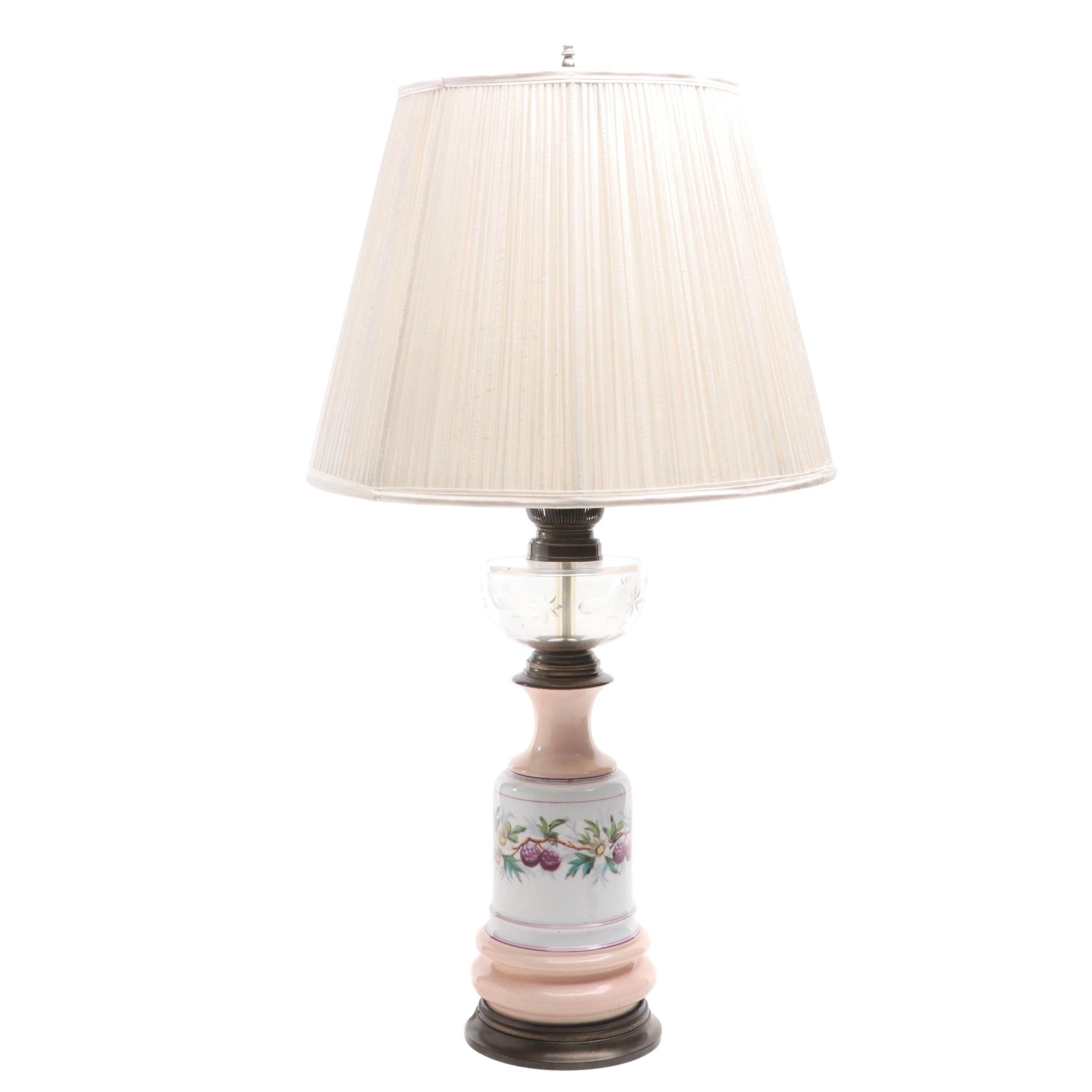 French BEC Matador Provincial Porcelain and Glass Oil Lamp Adapted as Table Lamp