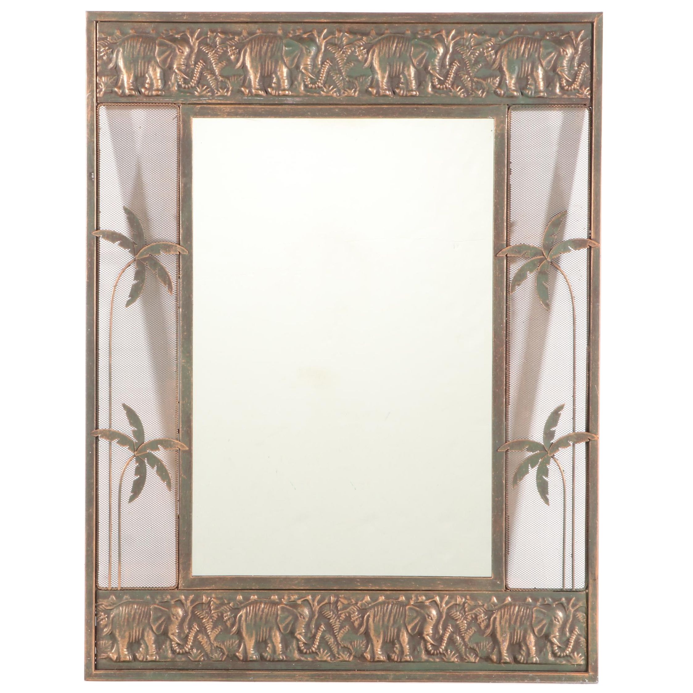 Elephant and Palm Tree Motif Repoussé Metal Framed Wall Mirror