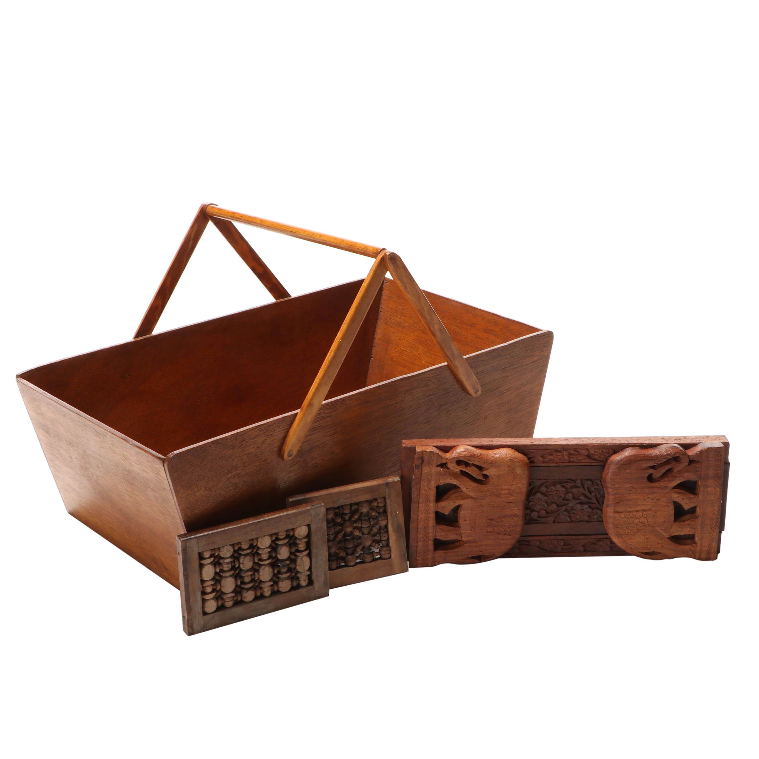 Hand-Carved Wooden Elephant Expanding Bookshelf, Wooden Decor and Basket