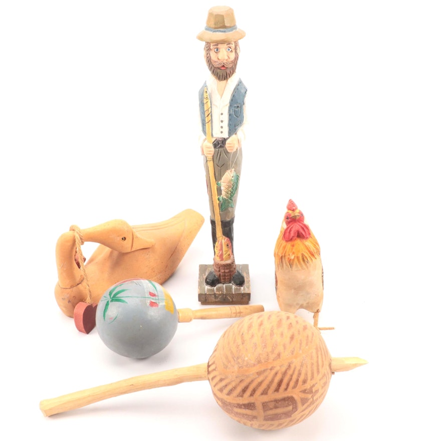 Hand-Carved Maracas With Fisherman Figure, Rooster and Goose